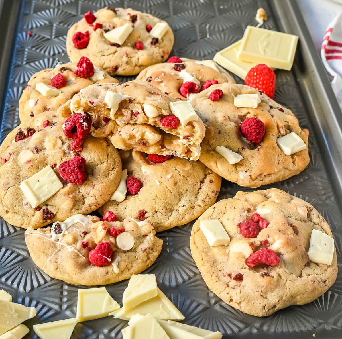 White Chocolate Raspberry Cookies. Soft and chewy raspberry white chocolate cookies made with freeze dried raspberries and creamy white chocolate. These are the best bakery-style white chocolate raspberry cookies!