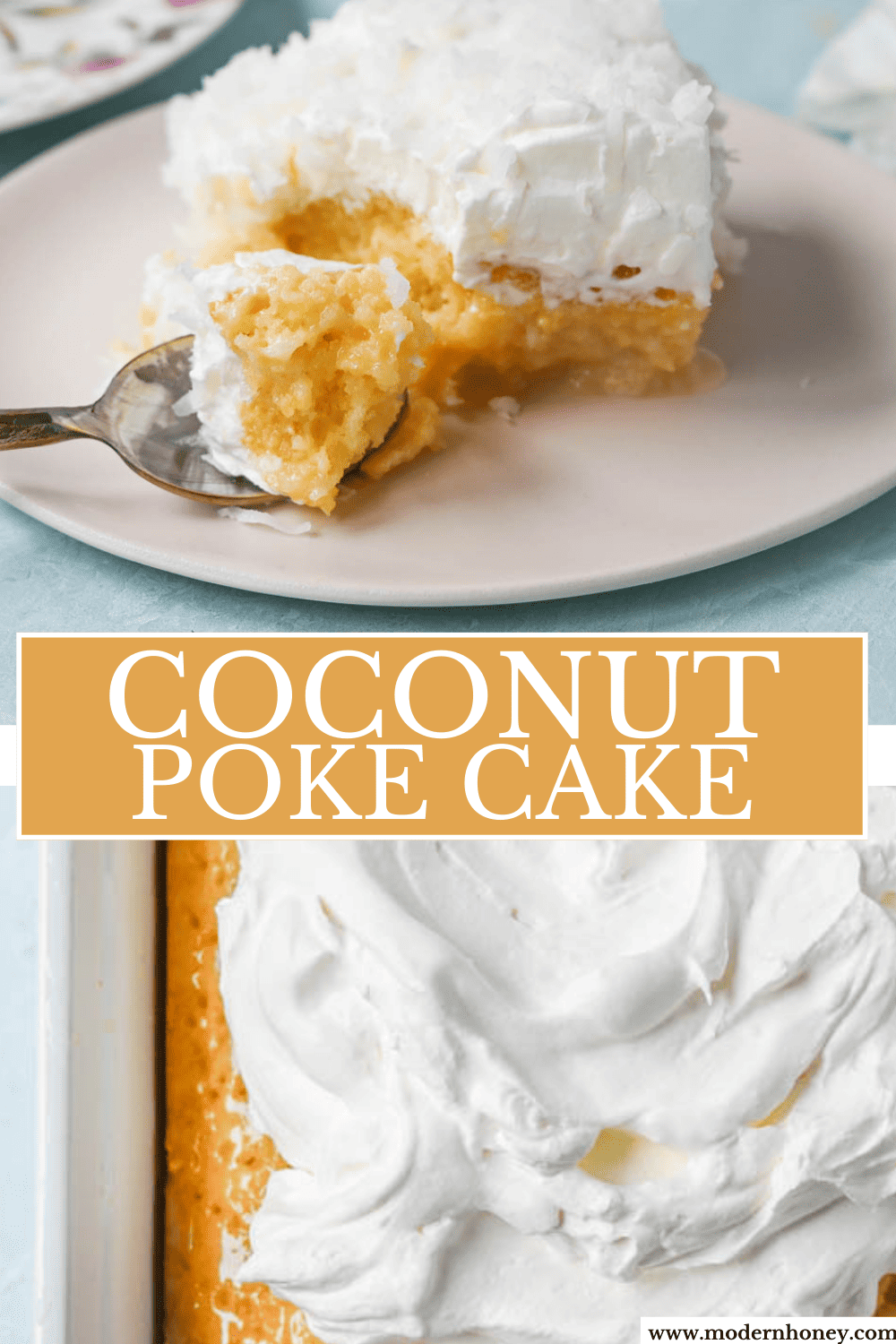 This Coconut Poke Cake is made with a baked cake mix and filled with cream of coconut and sweetened condensed milk and topped with sweet whipped cream and coconut. This Coconut Tres Leches Cake is so easy to make and is perfect for potlucks and parties.