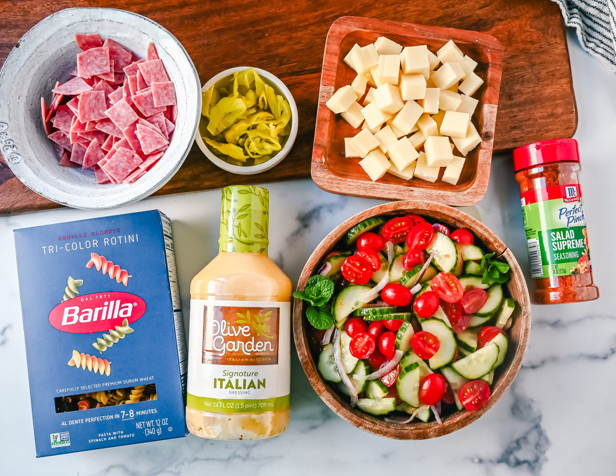 Easy Pasta Salad Ingredients. Pasta salad with Olive Garden dressing. Pasta salad with salad supreme seasoning.