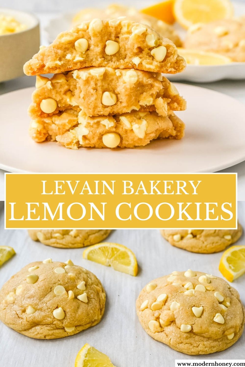 Levain Bakery Lemon Cookies. These soft, thick, chewy, bakery-style Levain Bakery Lemon Cookies are made with three types of lemon flavoring plus lemon chips. You will love these bakery style lemon cookies!