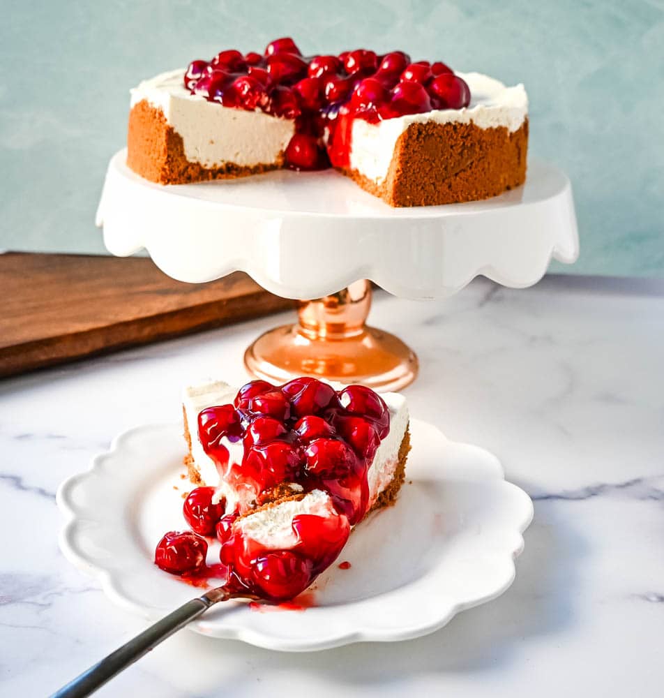 No Bake Cheesecake Recipe. This easy no bake cheesecake is made with only 7 ingredients and doesn't require baking in the oven. It has a light, creamy, velvety and rich cheesecake filling paired with a buttery crust. It is the perfect no bake dessert recipe.