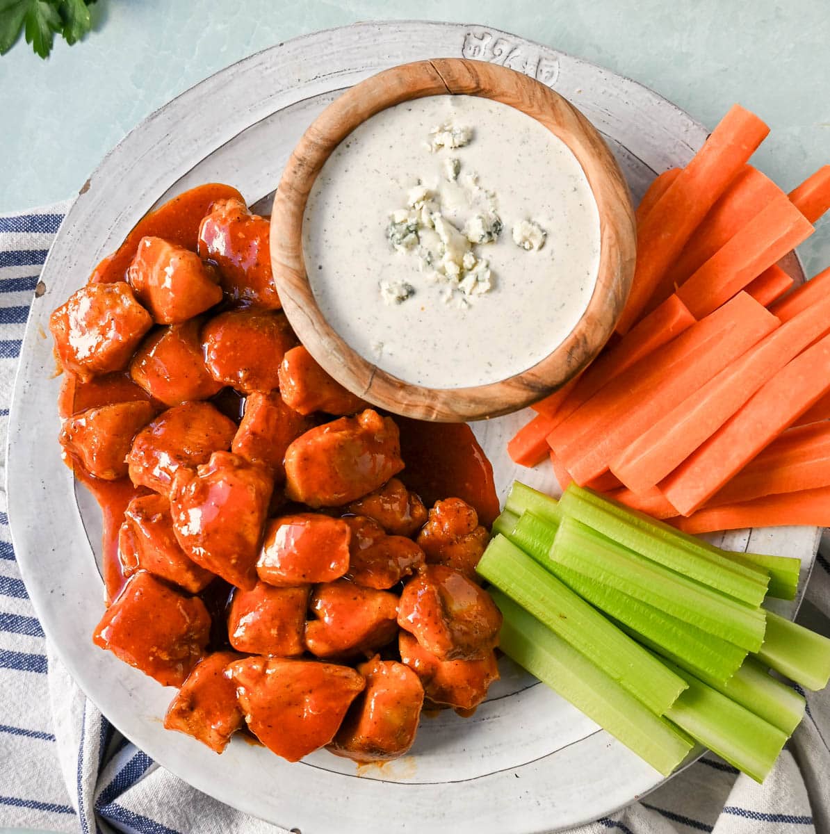 Buffalo Chicken Bites. f you love the flavor of buffalo chicken wings but want a lighter, healthier version, you will love these easy buffalo chicken bites without the breading and no frying.