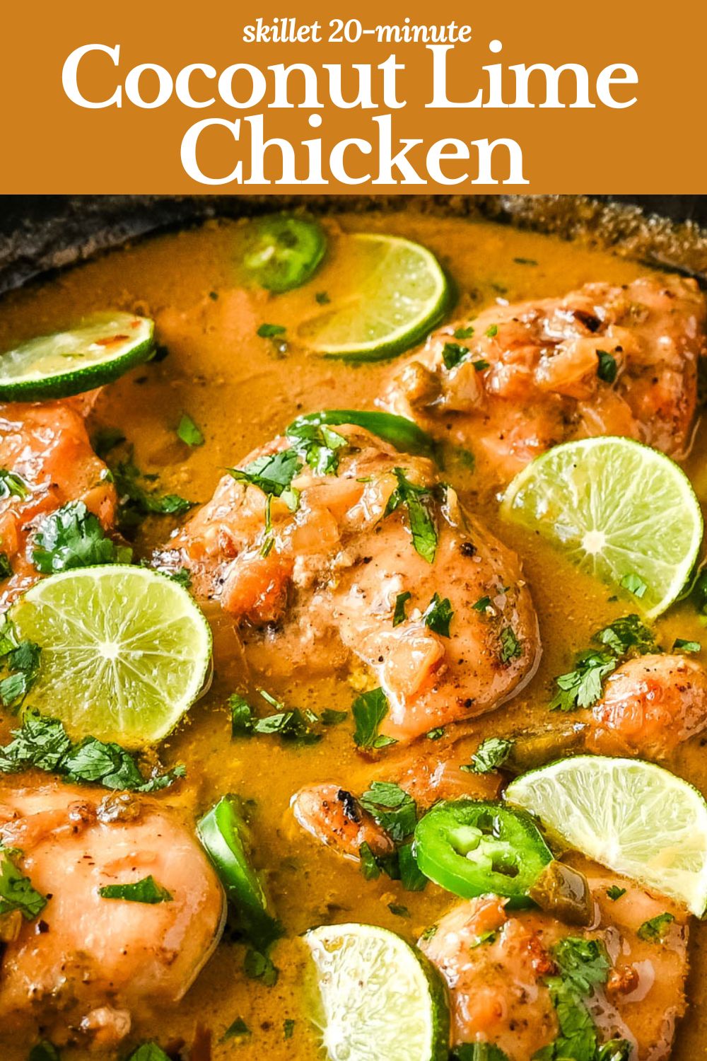 This Skillet Coconut Lime Chicken is made with a homemade coconut lime sauce crafted from creamy canned coconut milk, zesty fresh lime juice, and a touch of garlic and ginger and has the perfect sweet, savory, and tangy flavors. It is paired with tender, juicy chicken breasts for a quick, easy, and flavorful one-skillet dinner.