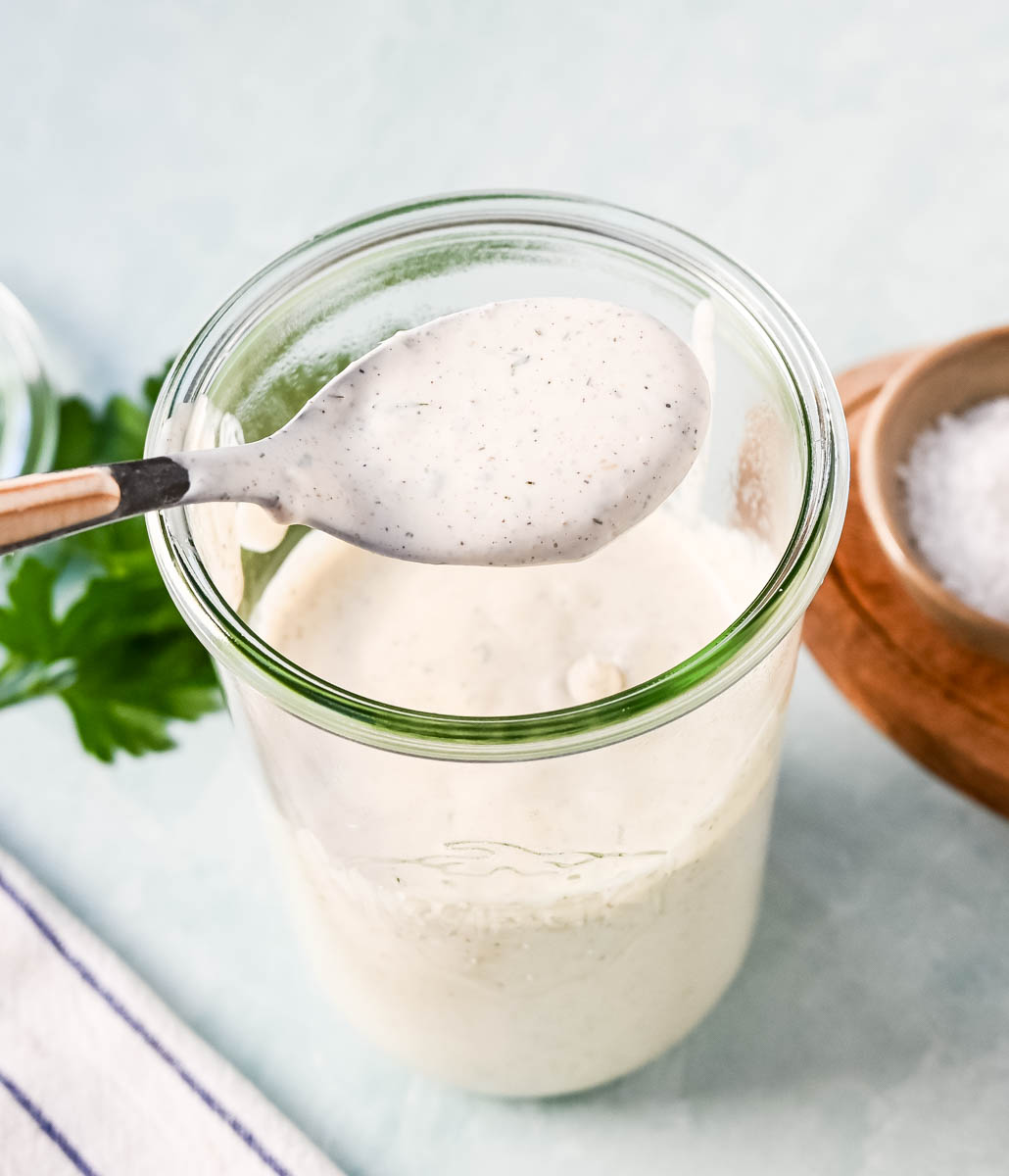 This creamy homemade ranch dressing is better than the bottled ranch dressing you find in the grocery store. This is made with fresh ingredients and vibrant herbs and is so easy to make. This is the best ranch dressing recipe!