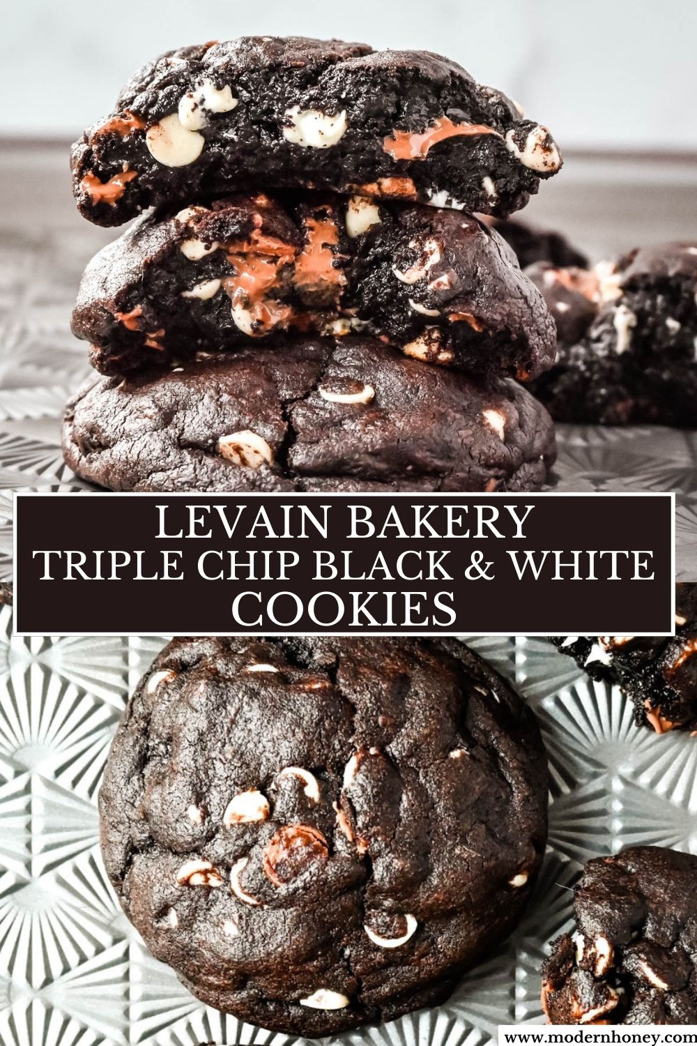 This Levain Bakery Black and White Cookie is a soft, thick, and chewy dark chocolate cookie with white chocolate and milk chocolate chips. It is a bakery-style triple chocolate chip cookie recipe for chocolate lovers!