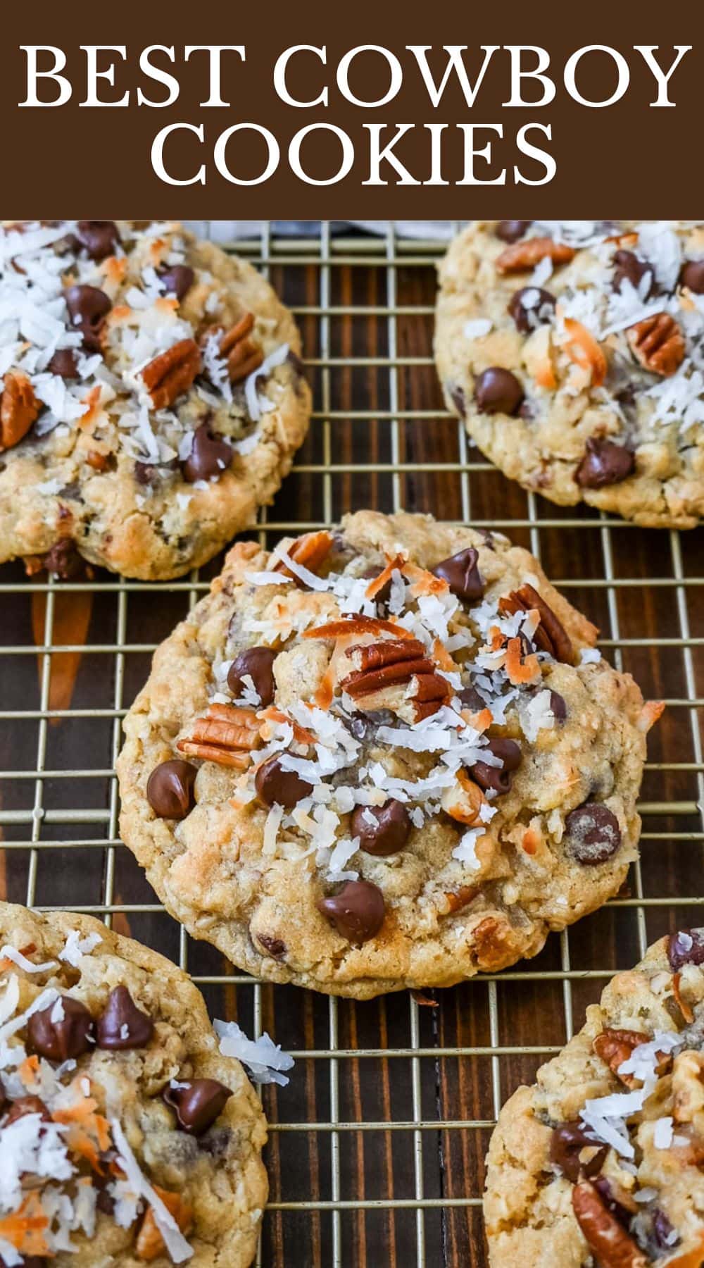 These soft, chewy, chunky Cowboy Cookies are made with oats, chocolate chips, shredded coconut, and pecans making them perfectly sweet, salty, nutty, and hearty. This is the best Cowboy Cookies recipe!