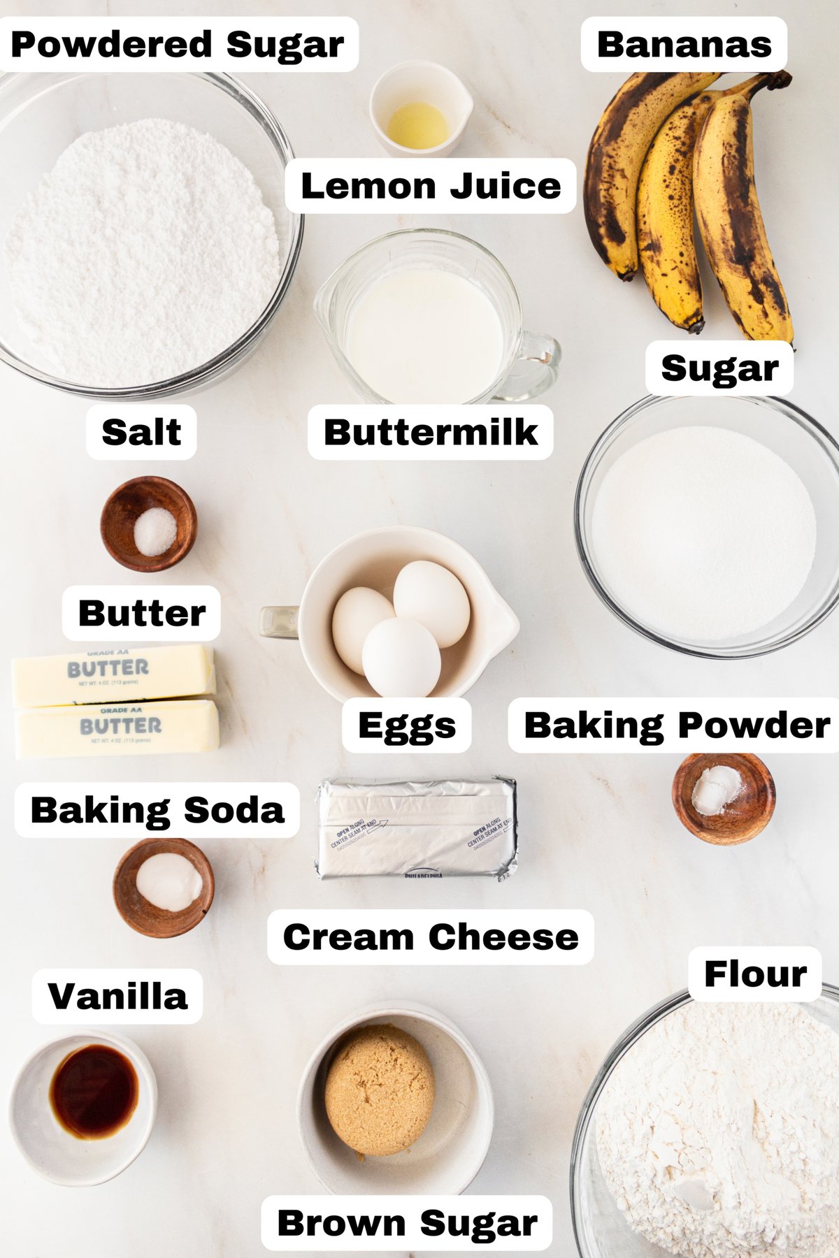 Banana Cake with Cream Cheese Frosting Ingredients.