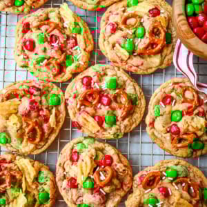 Get ready to bake the ultimate Christmas treat with these Christmas Kitchen Sink Cookies! Packed with holiday M&M's, pretzels, potato chips, sprinkles, and optional chocolate chips, these cookies bring together sweet, salty, and festive flavors in every bite. They're easy to make, fun to customize, and perfect for gifting, cookie swaps, and for your Christmas baking.