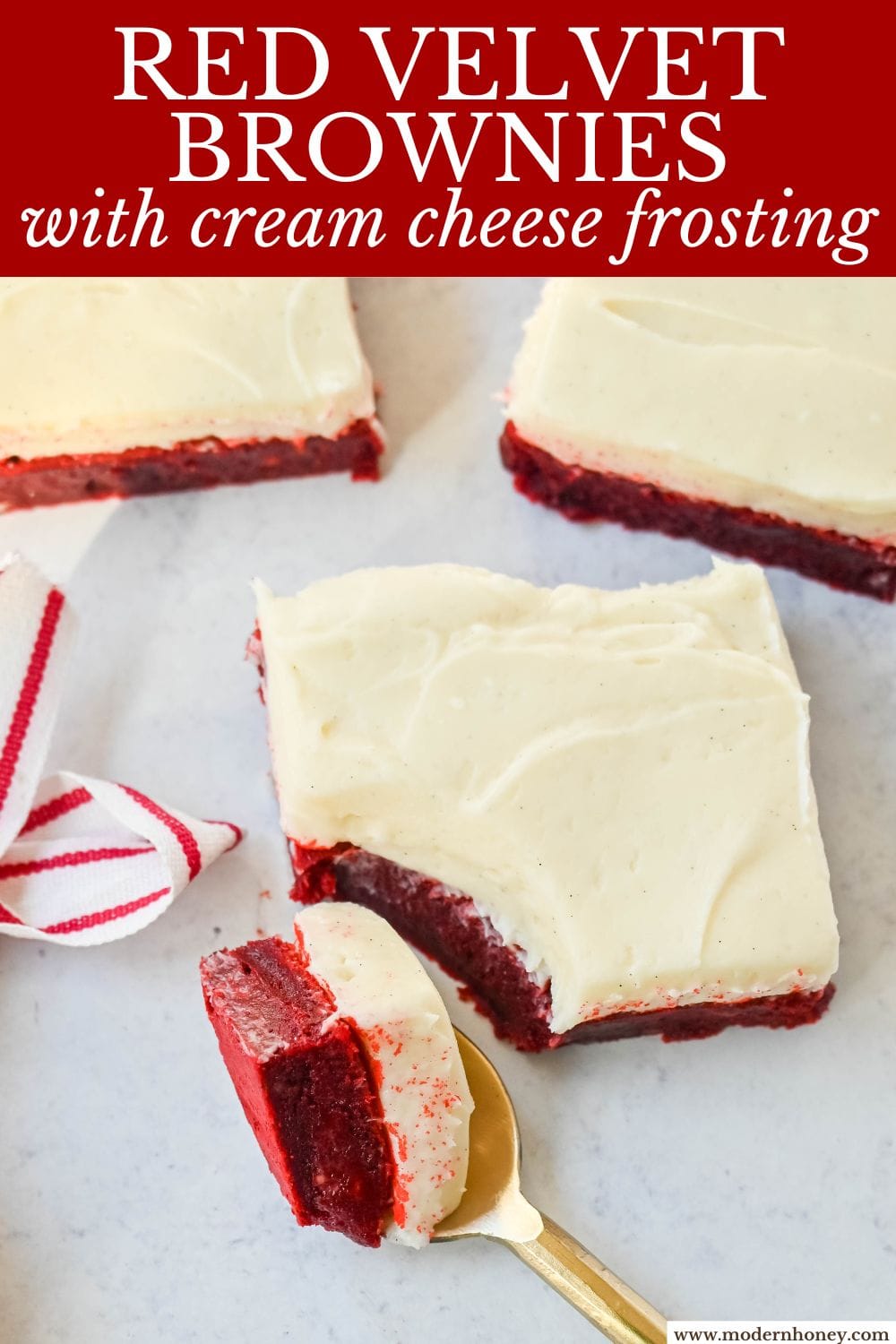 Red velvet brownies are a decadent twist on the classic red velvet cake, combining the color, subtle cocoa flavor, and creamy texture into the perfect brownies. These homemade Red Velvet Brownies with a sweet cream cheese frosting are fudgy and rich with a tangy and sweet cream cheese frosting.