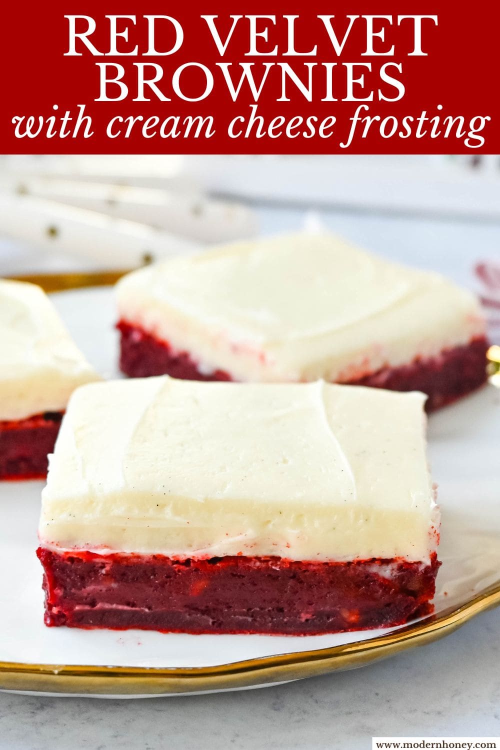 Red velvet brownies are a decadent twist on the classic red velvet cake, combining the color, subtle cocoa flavor, and creamy texture into the perfect brownies. These homemade Red Velvet Brownies with a sweet cream cheese frosting are fudgy and rich with a tangy and sweet cream cheese frosting.