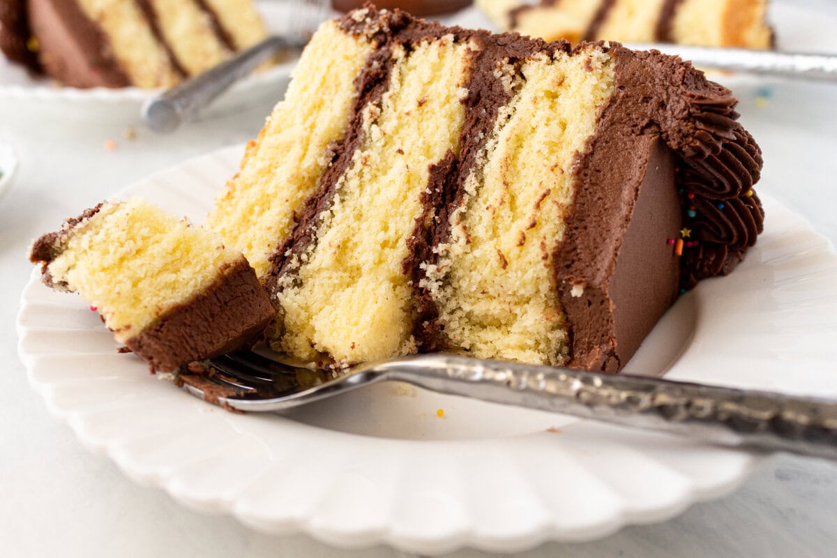 The BEST Yellow Cake Recipe with Milk Chocolate Frosting. 5-Star Rated Recipe! This golden, tender yellow cake is topped with a thick layer of creamy chocolate frosting. Thanks to a secret ingredient -- this homemade yellow cake bakes up moist, fluffy, and full of flavor every time. If you are celebrating a birthday, make sure to request this Yellow Birthday Cake with Chocolate Frosting!
