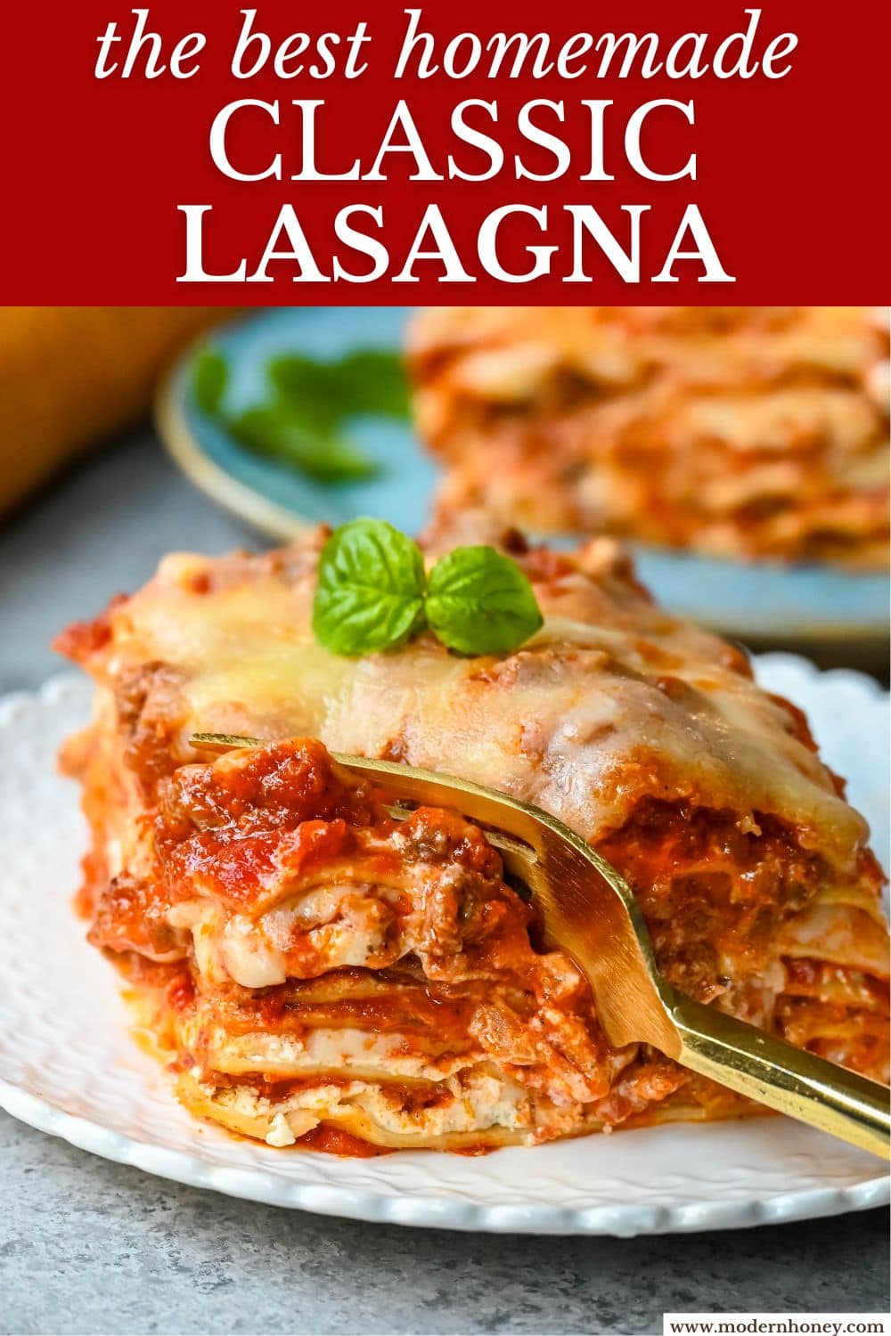 Classic Lasagna Recipe. The perfect lasagna recipe made with parmesan ricotta cheese filling, melted mozzarella cheese, lasagna noodles, and a robust tomato meat sauce. It is the best lasagna recipe!