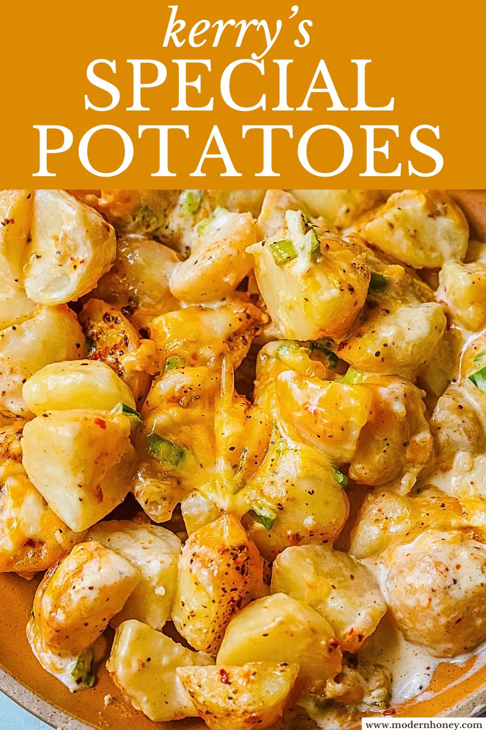 Perfect for family dinners or holiday tables, these creamy potatoes are savory, rich, and the perfect comfort food. These Kerry's Special Potatoes start with buttery, creamy yukon gold potatoes, and topped with seasoned salt and pepper, heavy cream, cheddar cheese, and sprinkled with green onions. You only need 6 ingredients to make these special potatoes.