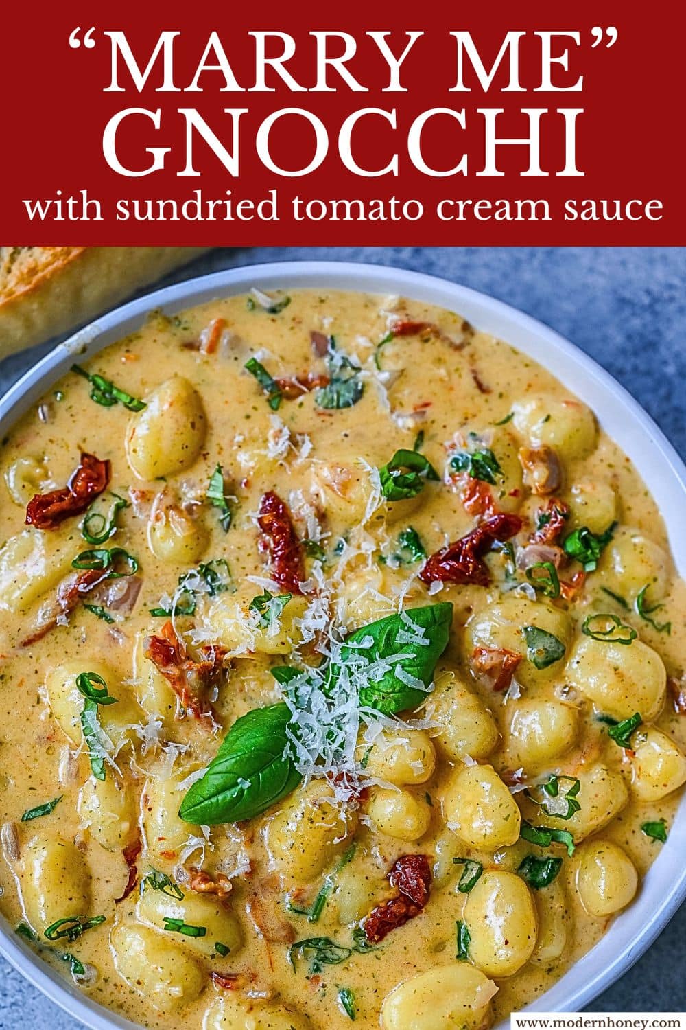 This easy Marry Me Gnocchi is made with pilowy gnocchi in a creamy sundried tomato cream sauce topped with fresh parmesan cheese and basil. Whip up this creamy Tuscan gnocchi with sun-dried tomatoes in one pan! Quick, easy, and bursting with flavor -- perfect for cozy dinners.