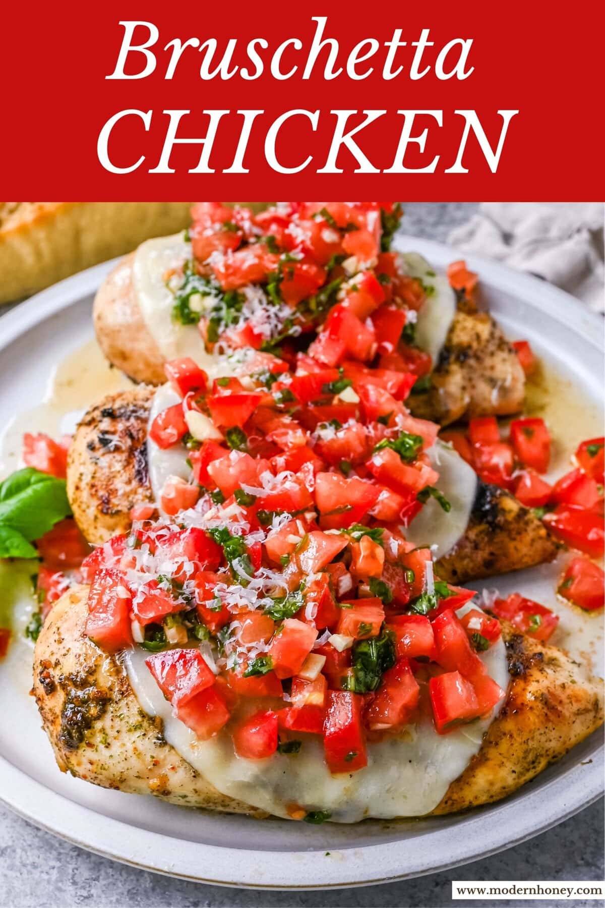 Bruschetta Grilled Chicken combines tender Italian grilled chicken breasts with juicy, garlicky tomato bruschetta, creamy melted mozzarella cheese, and a drizzle of balsamic glaze.