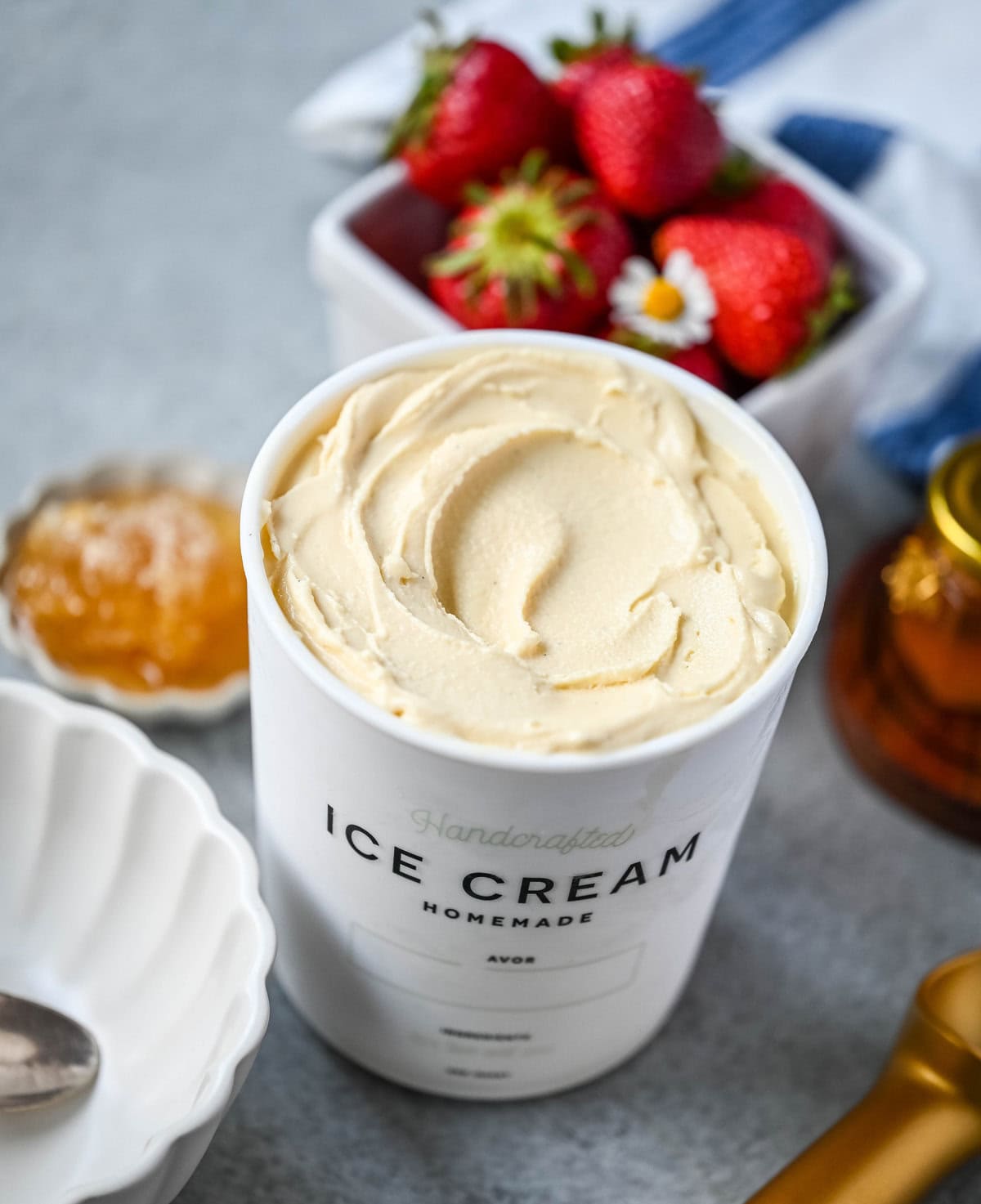 This homemade honey ice cream recipe features a rich, creamy texture with the natural sweetness of real honey and no added refined sugars. This is such a nourishing ice cream recipe with dried milk powder and egg yolks for extra protein and rich custard flavor. This Walt's Dream Ice cream is healthier version of homemade ice cream!