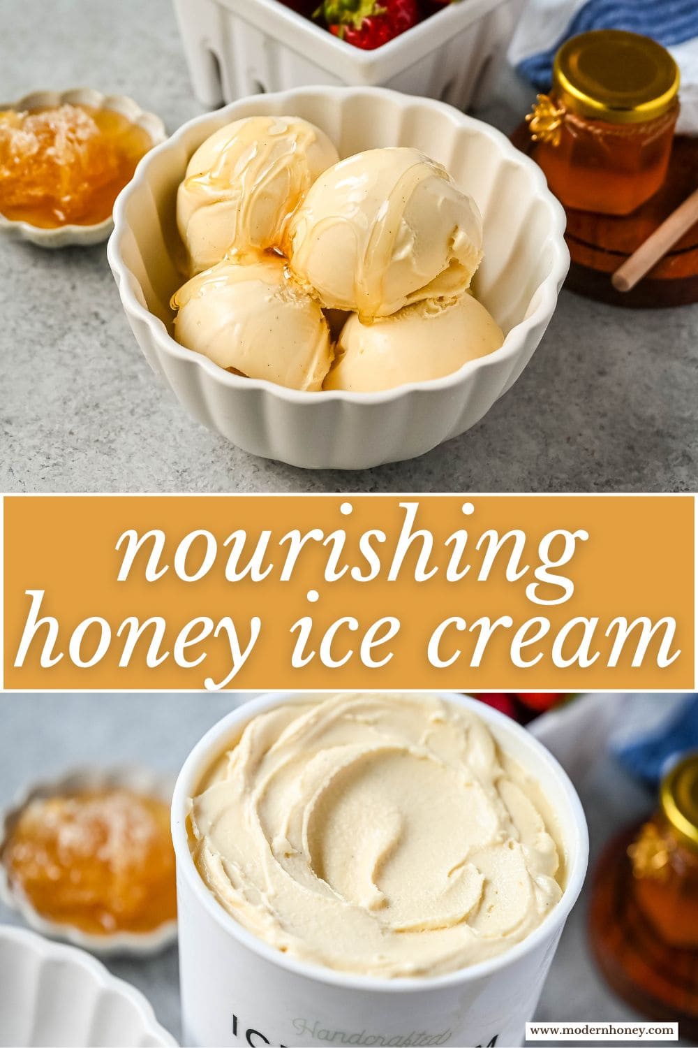 This homemade honey ice cream recipe features a rich, creamy texture with the natural sweetness of real honey and no added refined sugars. This is such a nourishing ice cream recipe with dried milk powder and egg yolks for extra protein and rich custard flavor. This Walt's Dream Ice cream is healthier version of homemade ice cream!