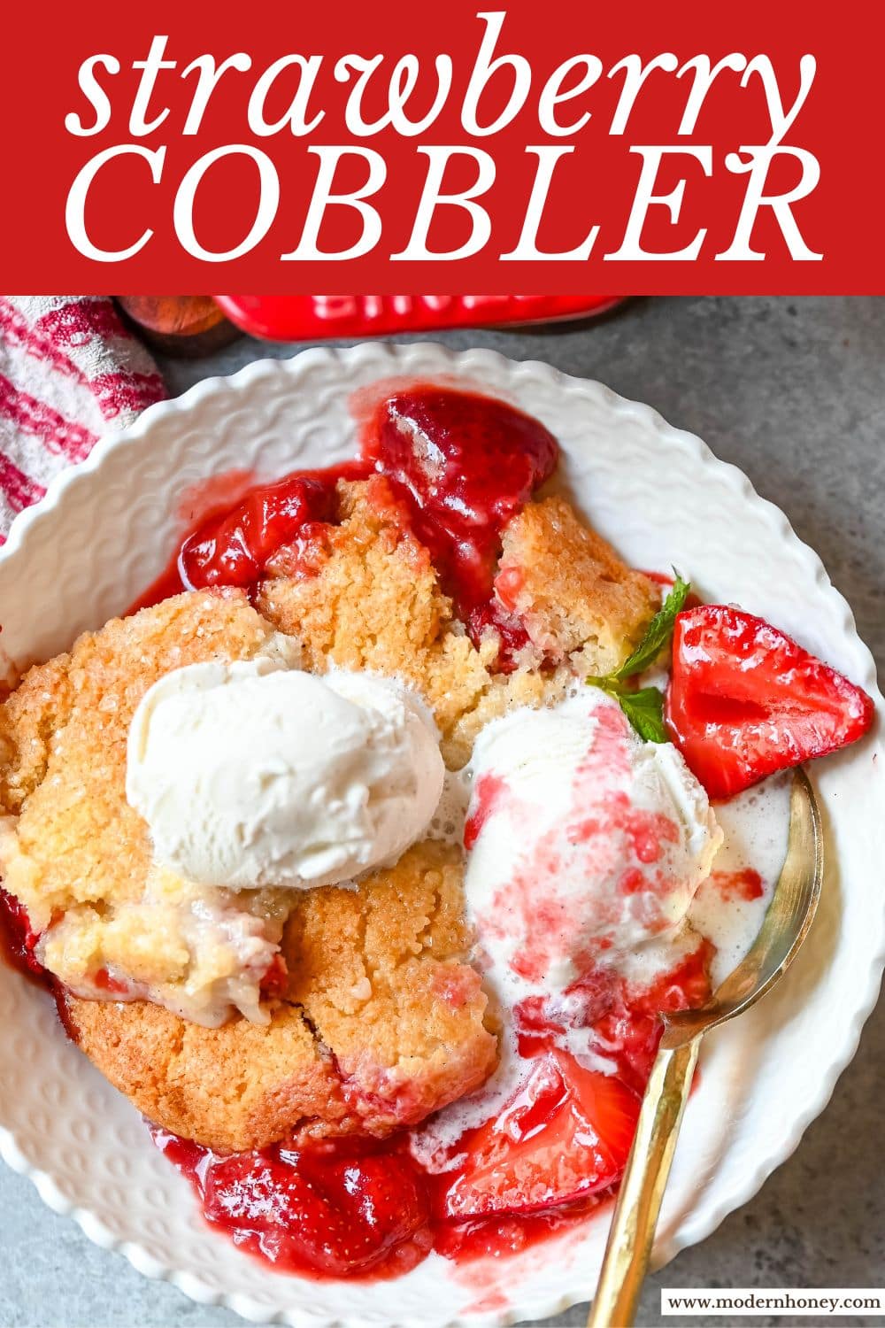 This warm, bubbling strawberry cobbler is everything summer should taste like...sweet, juicy berries tucked under a golden, buttery crust. Top it with vanilla ice cream and watch it disappear.