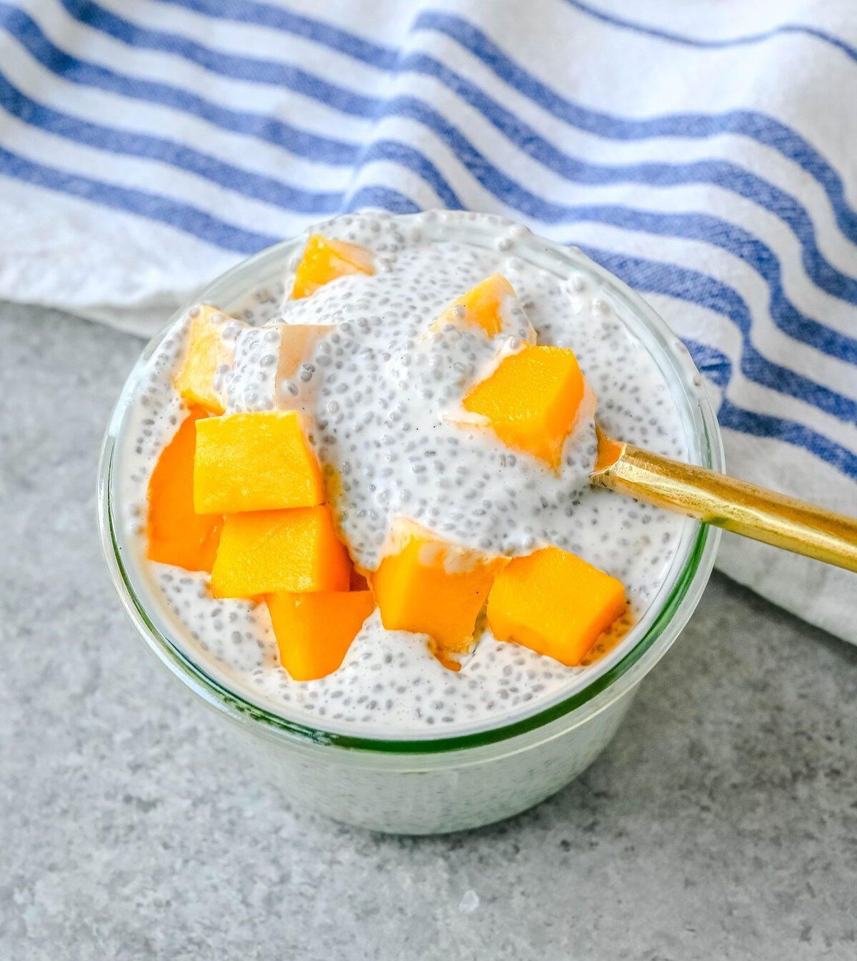 Mango Coconut Chia Pudding is a dairy-free, gluten-free, refined sugar-free, healthy dessert made with fiber rich chia seeds, rich coconut milk, real maple syrup, coconut and fresh mango. This mango chia seed pudding is a high-fiber, plant-based treat that is perfect for meal prep, clean eating, or a healthy snack.