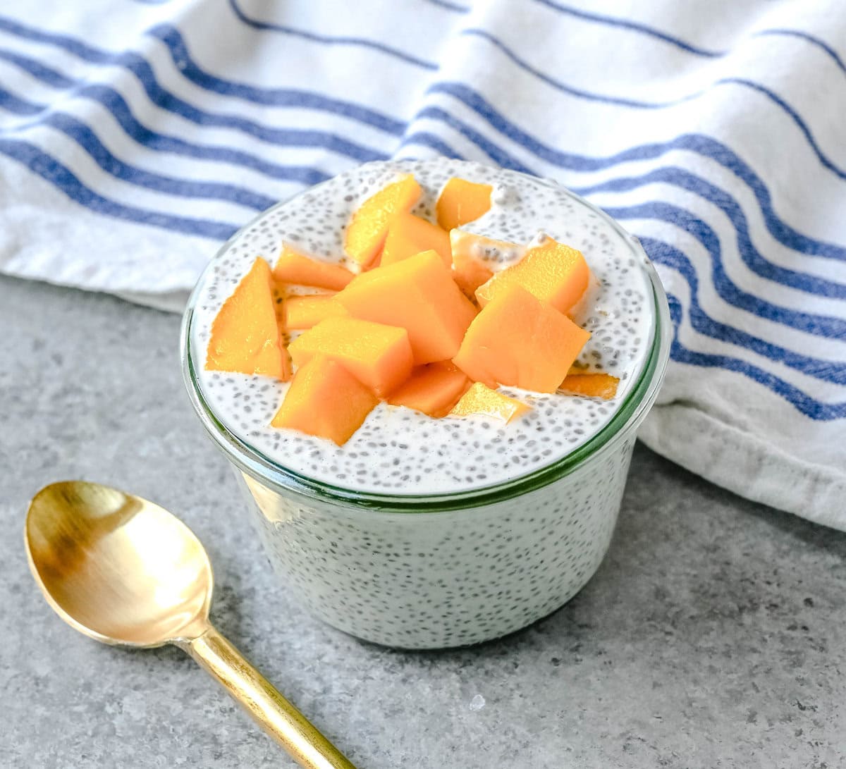 Mango Coconut Chia Pudding is a dairy-free, gluten-free, refined sugar-free, healthy dessert made with fiber rich chia seeds, rich coconut milk, real maple syrup, coconut and fresh mango. This mango chia seed pudding is a high-fiber, plant-based treat that is perfect for meal prep, clean eating, or a healthy snack.
