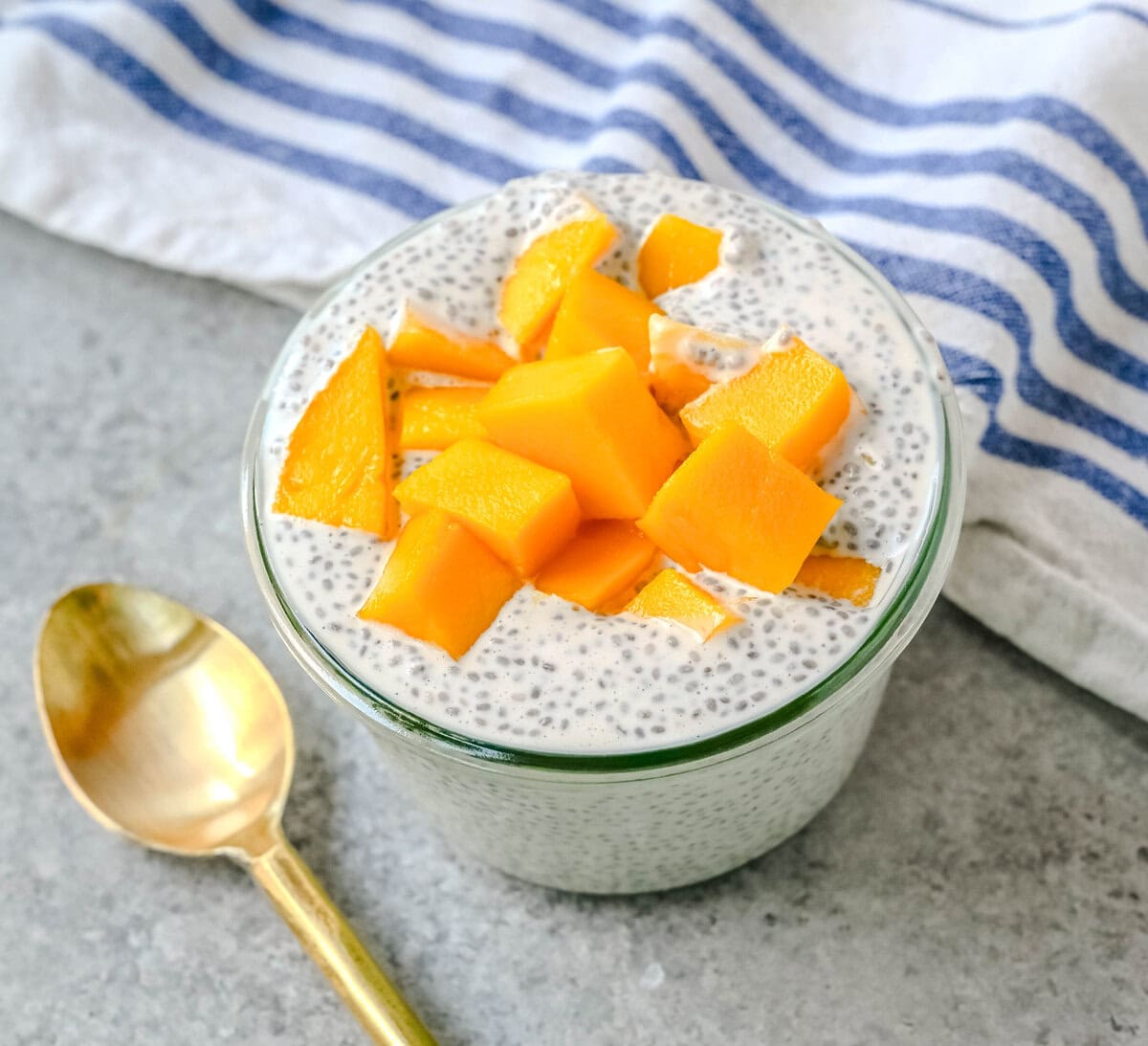 Mango Coconut Chia Pudding is a dairy-free, gluten-free, refined sugar-free, healthy dessert made with fiber rich chia seeds, rich coconut milk, real maple syrup, coconut and fresh mango. This mango chia seed pudding is a high-fiber, plant-based treat that is perfect for meal prep, clean eating, or a healthy snack.