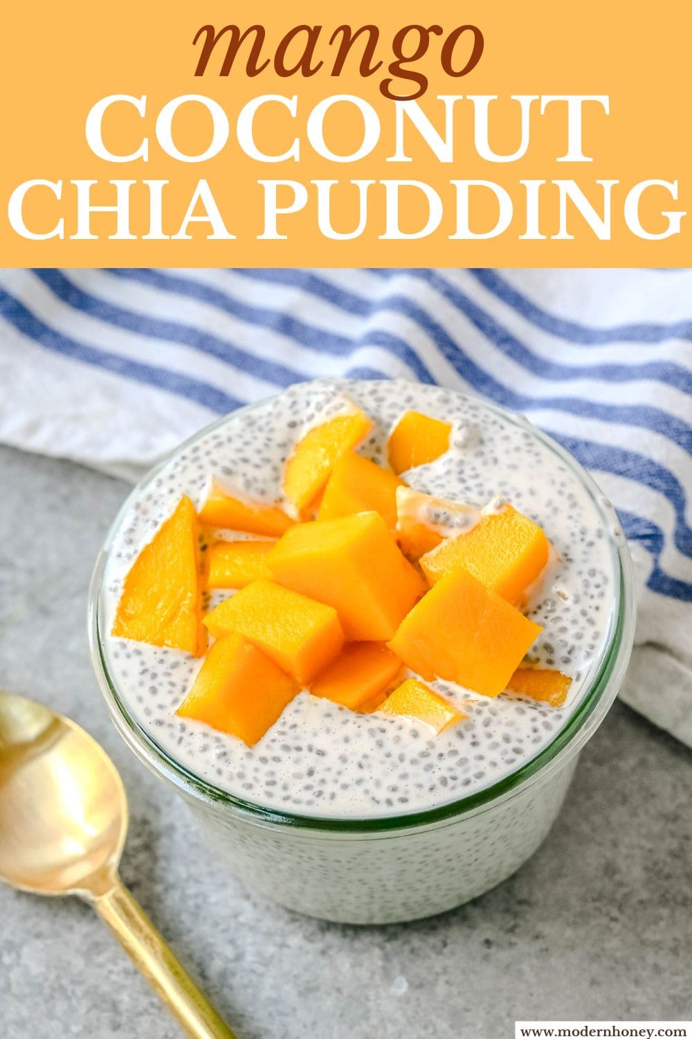 Mango Coconut Chia Pudding is a dairy-free, gluten-free, refined sugar-free, healthy dessert made with fiber rich chia seeds, rich coconut milk, real maple syrup, coconut and fresh mango. This mango chia seed pudding is a high-fiber, plant-based treat that is perfect for meal prep, clean eating, or a healthy snack.