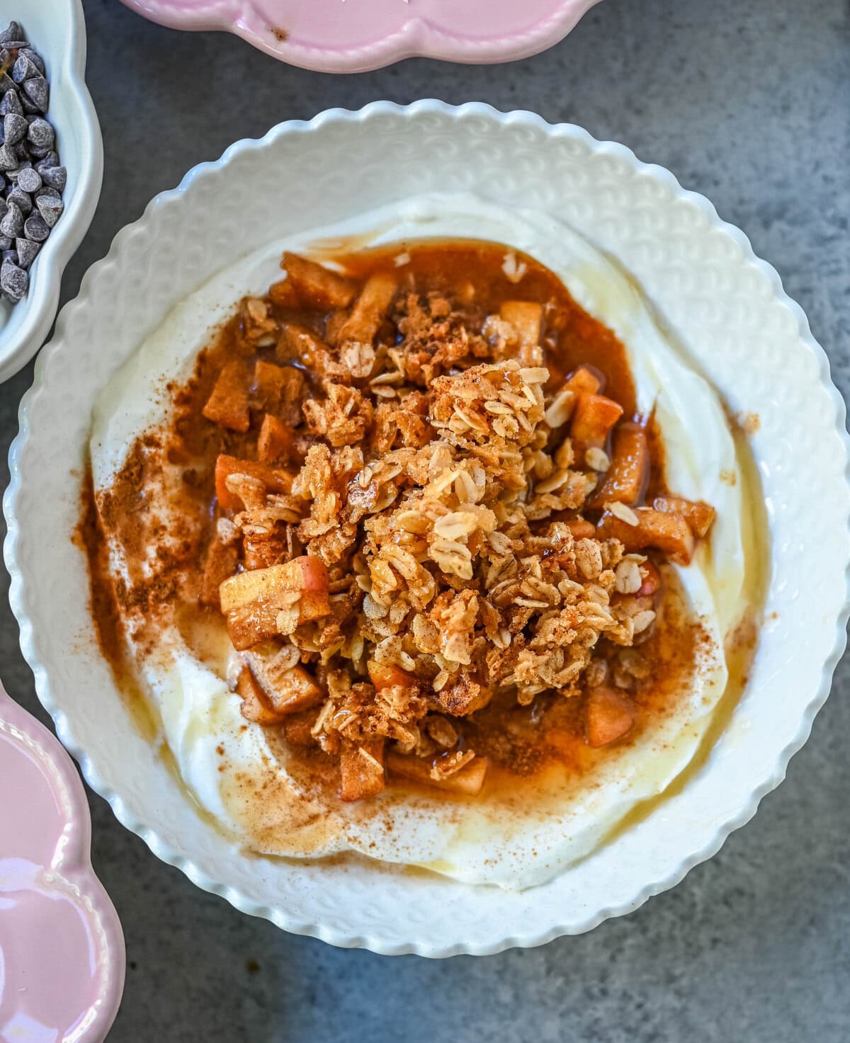 Apple Pie Greek Yogurt Bowl. Sauteed apples in cinnamon and topped with oat crumble.