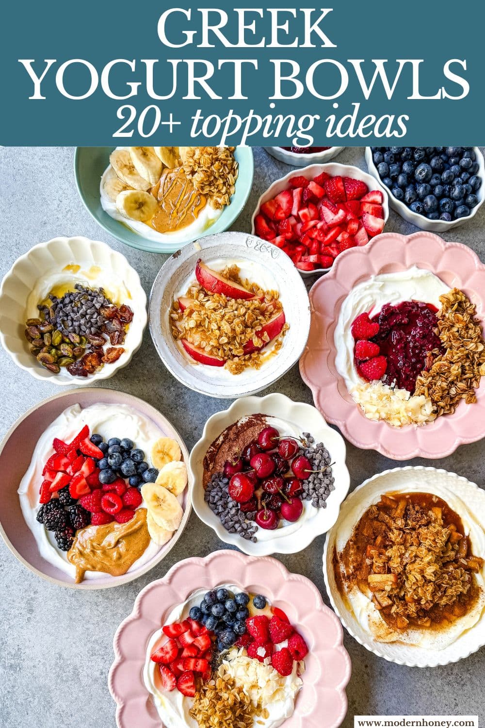 Greek Yogurt Breakfast Bowls start with rich creamy yogurt, topped with fresh fruits, nuts, granola, and superfoods for a perfect start to the day! How to make the best Greek yogurt bowls with toppings. You will find over 20+ Greek Yogurt Bowl combinations with different topping ideas for high protein yogurt bowls, what toppings pair well with greek yogurt, and recipes.