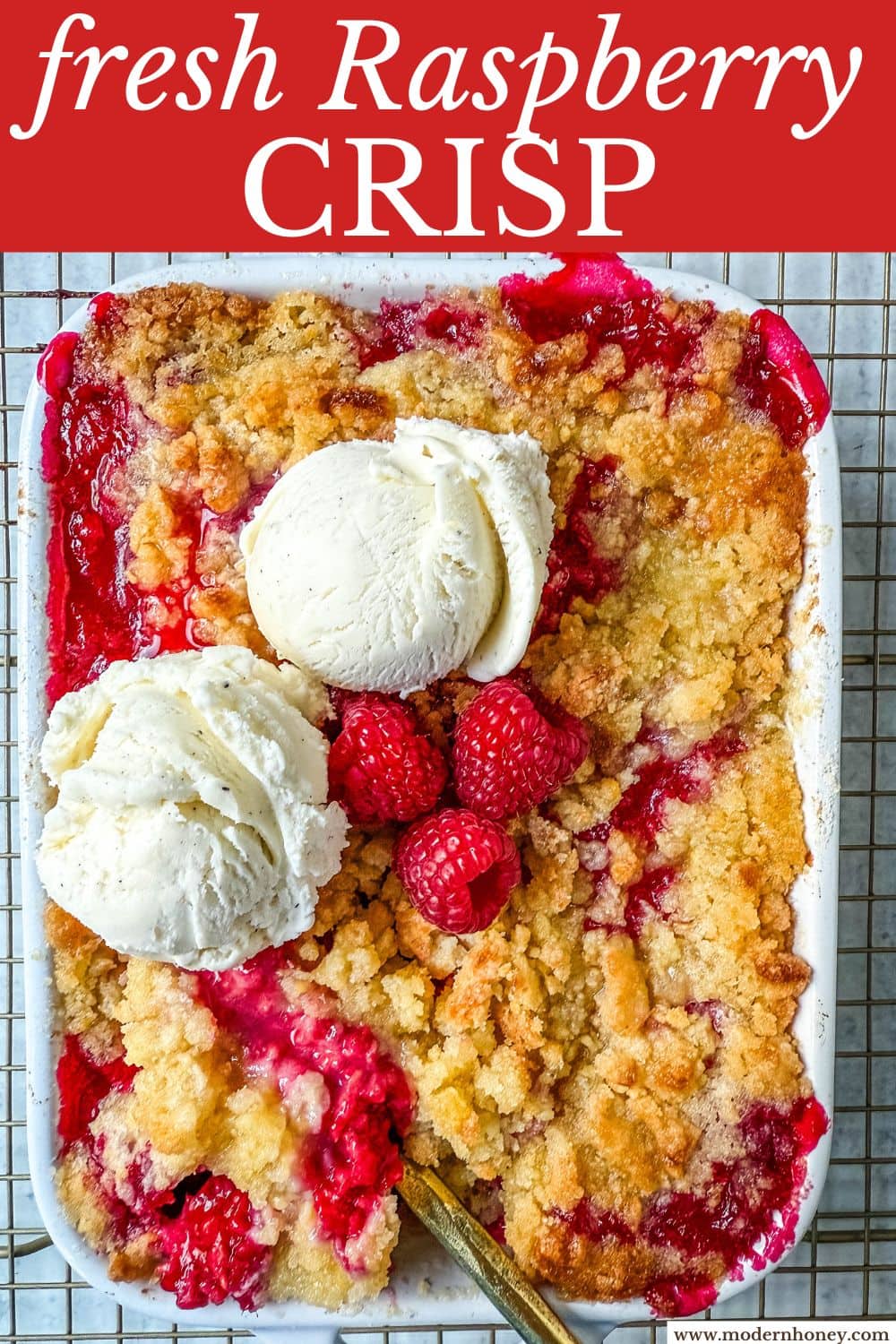 This easy Raspberry Crisp is a summer dessert favorite made with sweet, juicy raspberries and a buttery golden crumble topping. It’s the perfect way to use fresh raspberries when they’re in season, serve it warm with a scoop of vanilla ice cream for a quick fruit dessert perfect for summer.