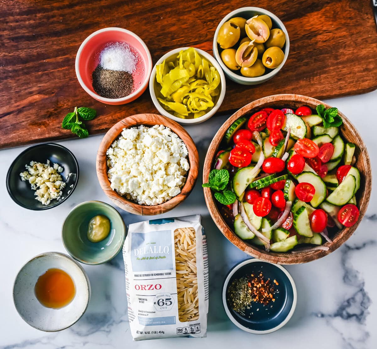 Ingredients for Mediterranean Orzo Salad or Greek Orzo Pasta Salad Ingredients.
