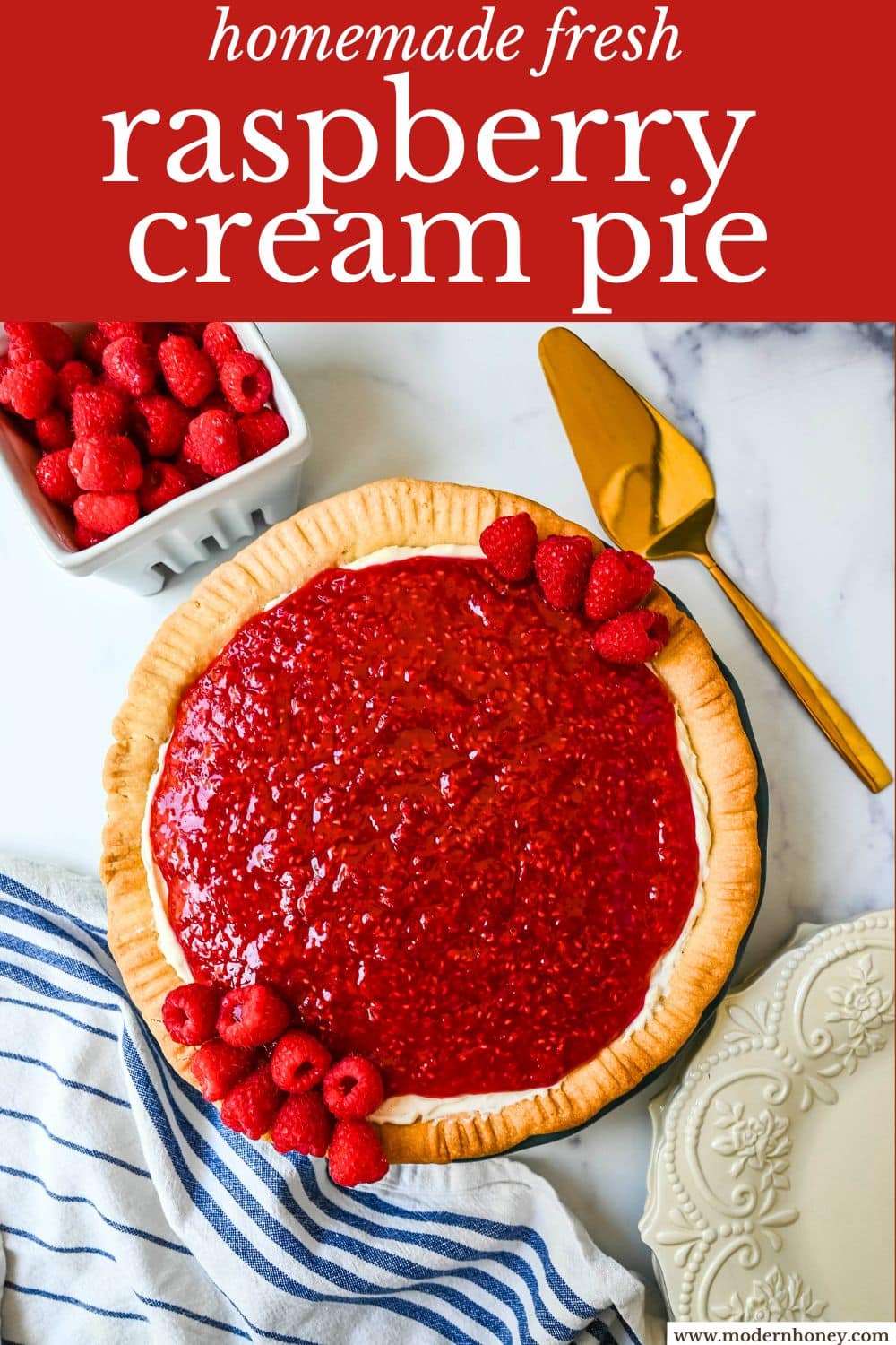 This homemade Raspberry Cream Pie is made with a sweet vanilla cream cheese cheesecake filling topped with a homemade raspberry sauce, all in a buttery, flaky homemade crust. This is a homemade take on the famous Briermere Farms raspberry cream pie and the perfect summer dessert that can be made with fresh or frozen raspberries.