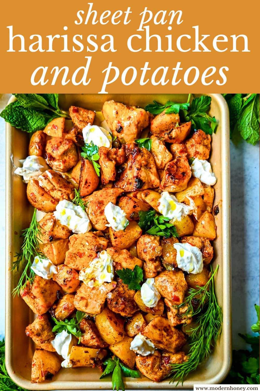This Harissa Chicken and Roasted Potatoes recipe is a flavorful one-pan meal with juicy chicken breasts coated in a spicy harissa sauce and roasted with golden potatoes until perfectly crispy. A sprinkle of herbs at the end brings balance to this North African–inspired dish. It’s easy, satisfying, and the perfect simple weeknight dinner!