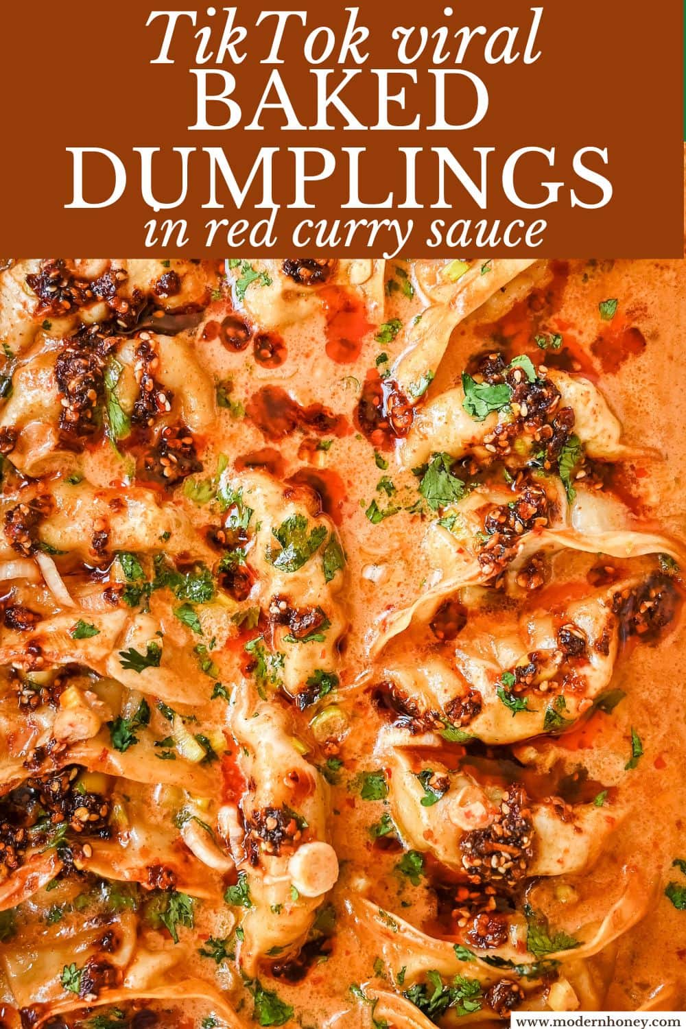 These viral baked dumplings from TikTok are the ultimate easy dinner hack! Crispy dumplings are baked in a creamy coconut curry sauce and topped with cilantro, chili crunch oil, and sesame seeds for the perfect mix of flavor and texture. This is an easy sheet pan dinner recipe!