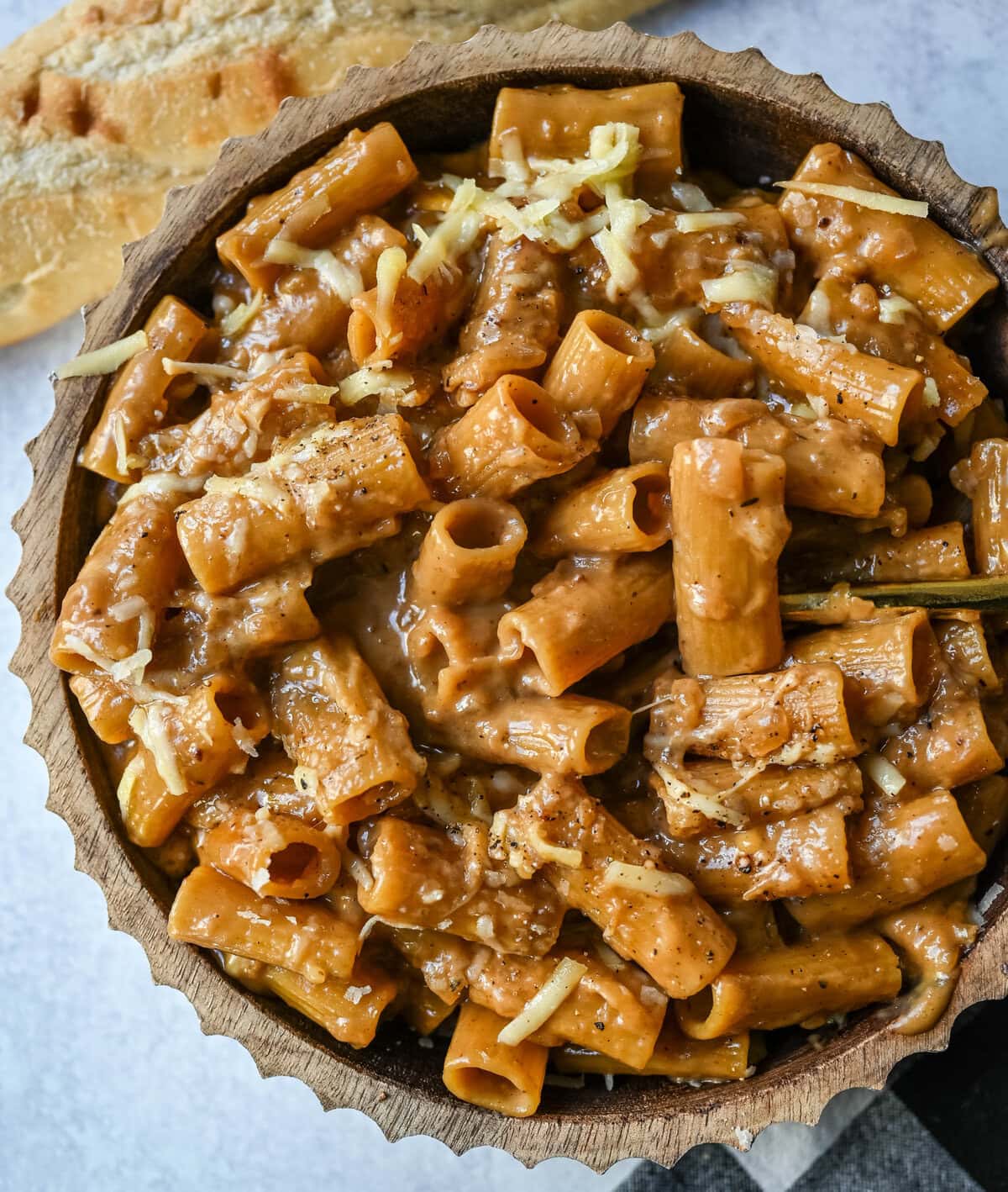 This One Pot French Onion Pasta takes everything you love about French onion soup and turns it into a creamy and cheesy pasta dish. This popular dinner recipe on TikTok is made in just one pot, with caramelized onions, garlic, thyme, and pasta simmered in a savory creamy broth, then topped with Gruyère and Parmesan cheese.