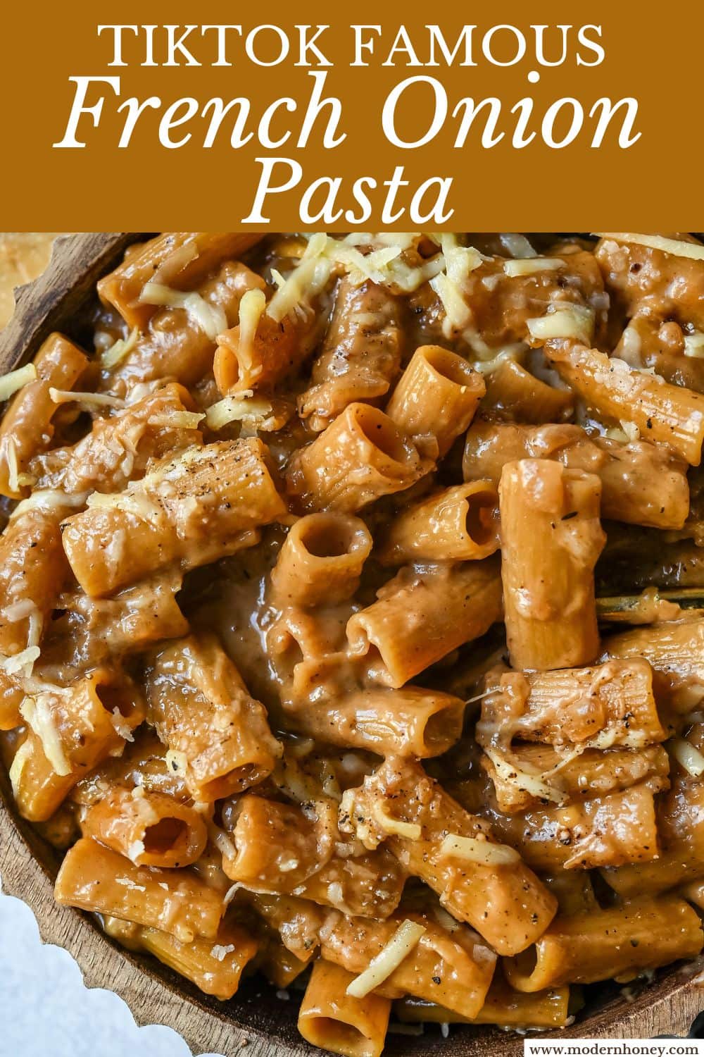 This One Pot French Onion Pasta takes everything you love about French onion soup and turns it into a creamy and cheesy pasta dish. This popular dinner recipe on TikTok is made in just one pot, with caramelized onions, garlic, thyme, and pasta simmered in a savory creamy broth, then topped with Gruyère and Parmesan cheese.