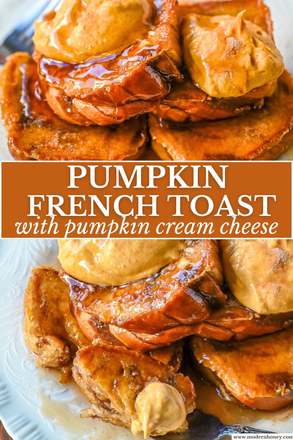 This Pumpkin French Toast is the perfect fall breakfast! Made with pumpkin puree, pumpkin spice, and thick slices of brioche cinnamon bread, it’s golden on the outside, soft inside, and topped with a dollop of sweet brown sugar pumpkin spice cream cheese.