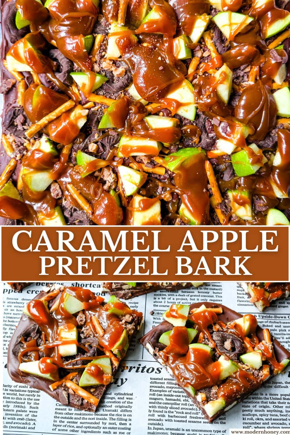 This Caramel Apple Bark is an easy no-bake Fall treat and made with fresh apples, buttery caramel, crunchy pretzels, and rich chocolate. This quick and easy Fall dessert is absolutely delicious and a crowd favorite!