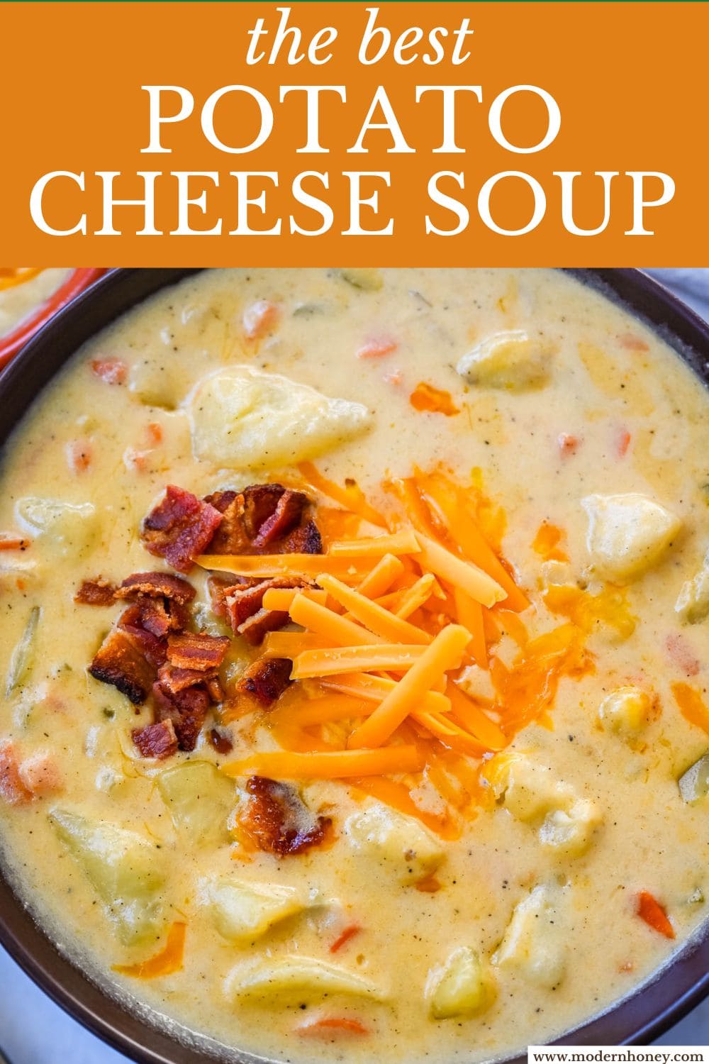 This creamy potato soup is the definition of comfort in a bowl made with buttery Yukon gold potatoes, crispy bacon, cheddar cheese, and a splash of heavy cream come together to make the richest, coziest soup ever. You will love this Potato Cheese Soup Recipe!