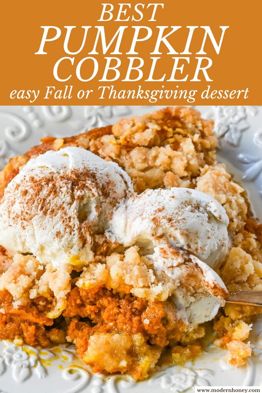 This Pumpkin Cobbler recipe is made with a creamy, rich spiced pumpkin filling and then topped with a sweet, buttery crumble. This Pumpkin Crisp recipe is so easy to make!