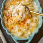 This easy creamy cauliflower gratin is the perfect cheesy side dish for Thanksgiving, Christmas, or any dinner. Made with Gruyère, sharp cheddar, and tender cauliflower, it’s a rich, flavorful, and easy side. The best baked cauliflower gratin!