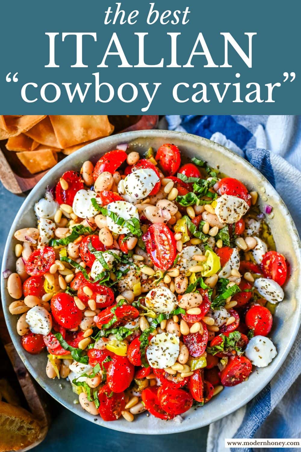 This Italian Cowboy Caviar is a fresh, flavorful twist on the viral cowboy caviar made with juicy tomatoes, creamy mozzarella pearls, tender white beans, pepperoncinis, and basil for a Mediterranean-inspired dip. This easy Italian appetizer comes together in minutes and is perfect for holiday parties, snacking, or meal prep.