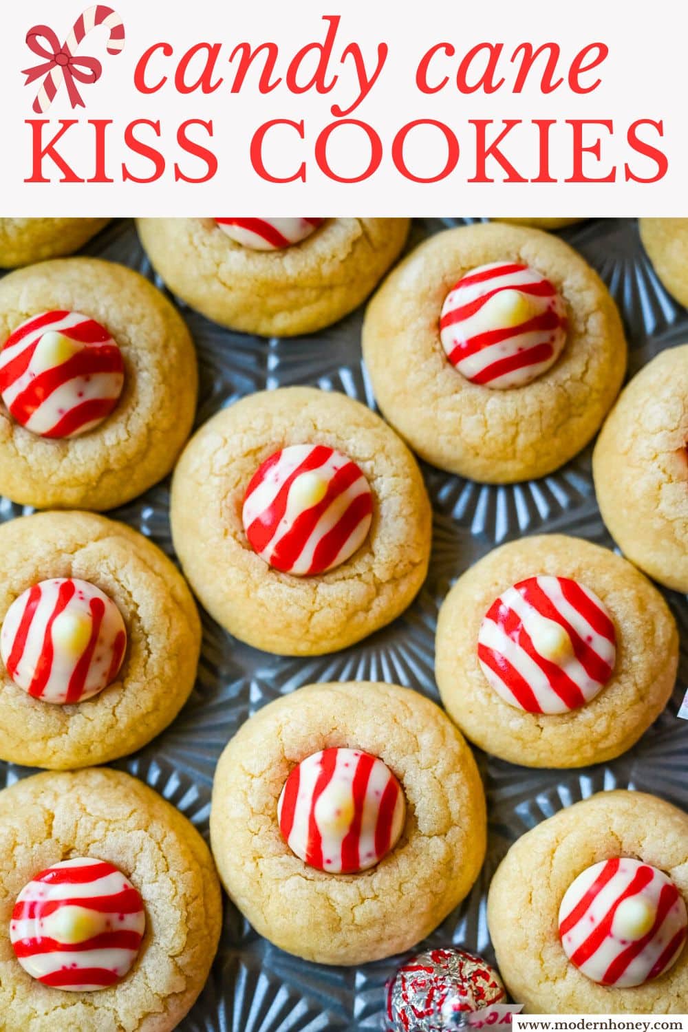 These Candy Cane Kiss Cookies are soft, buttery sugar cookies rolled in sparkling sugar or festive sprinkles, baked until just set, and then pressed with a striped peppermint Candy Cane Kiss right in the center. This Peppermint Kiss Cookie is such a festive Christmas cookie recipe.