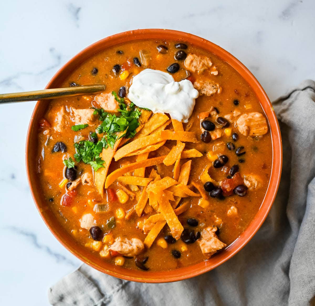If you love enchiladas, you’ll love this Chicken Enchilada Chili. Made with tender chicken, red and green enchilada sauce, black beans, fire roasted corn and cheese, it’s rich, creamy, and incredibly comforting. This Chicken Enchilada Soup is a delicious one pot dinner recipe that is full of so much flavor!