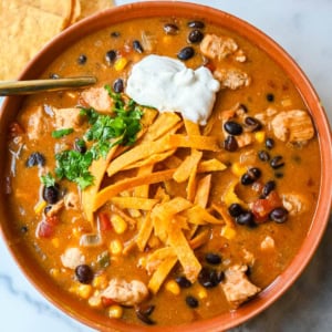 If you love enchiladas, you’ll love this Chicken Enchilada Chili. Made with tender chicken, red and green enchilada sauce, black beans, fire roasted corn and cheese, it’s rich, creamy, and incredibly comforting. This Chicken Enchilada Soup is a delicious one pot dinner recipe that is full of so much flavor!