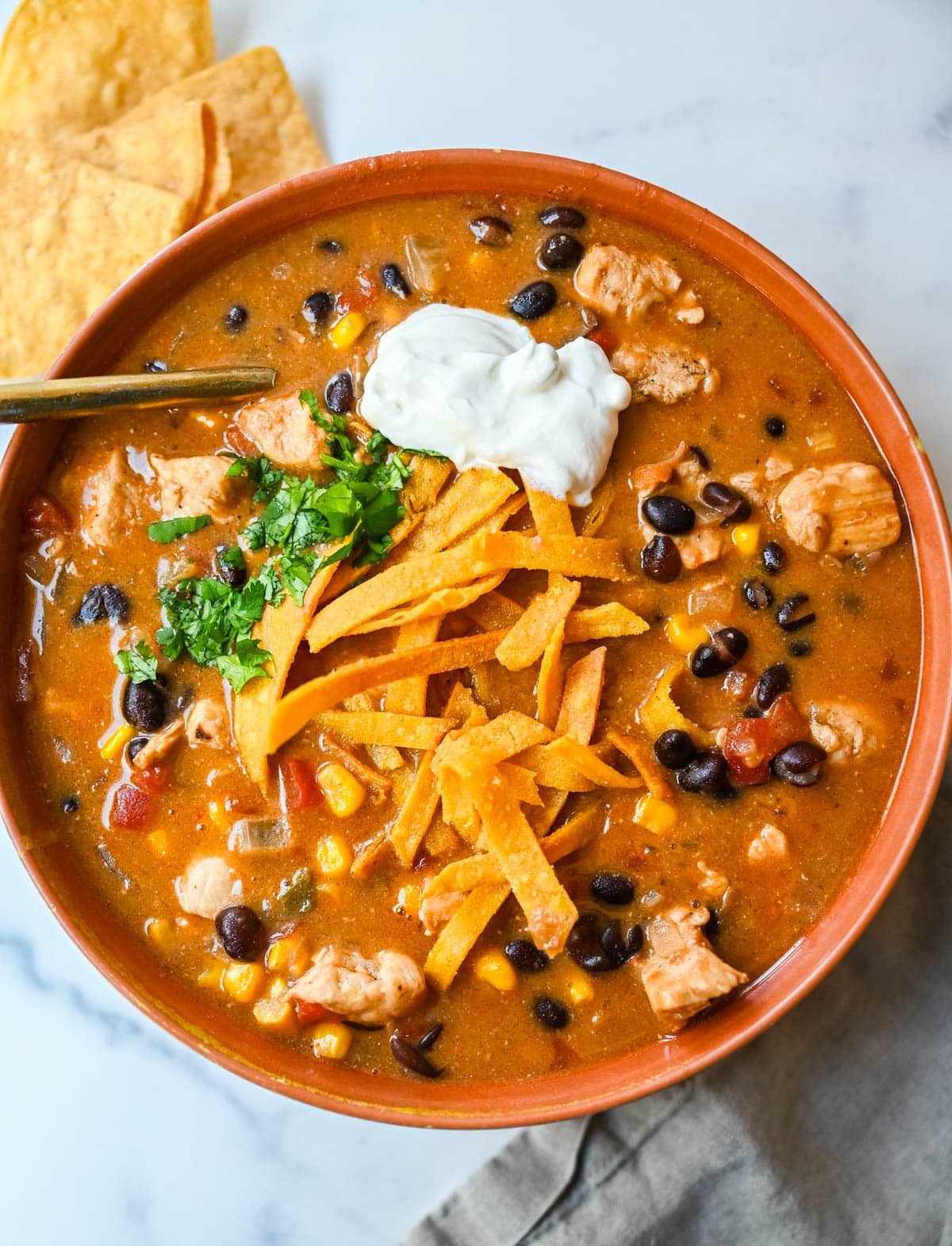 If you love enchiladas, you’ll love this Chicken Enchilada Chili. Made with tender chicken, red and green enchilada sauce, black beans, fire roasted corn and cheese, it’s rich, creamy, and incredibly comforting. This Chicken Enchilada Soup is a delicious one pot dinner recipe that is full of so much flavor!