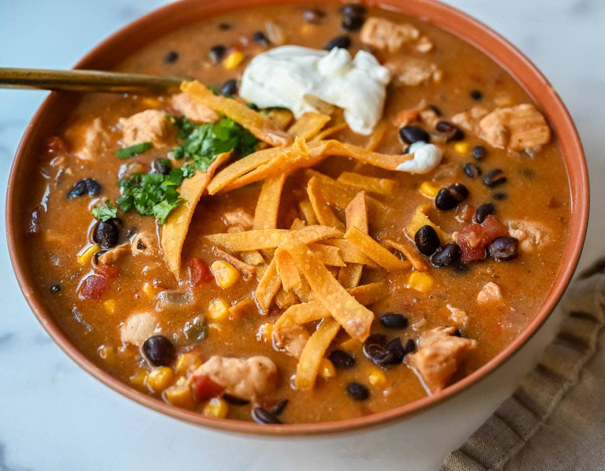 If you love enchiladas, you’ll love this Chicken Enchilada Chili. Made with tender chicken, red and green enchilada sauce, black beans, fire roasted corn and cheese, it’s rich, creamy, and incredibly comforting. This Chicken Enchilada Soup is a delicious one pot dinner recipe that is full of so much flavor!