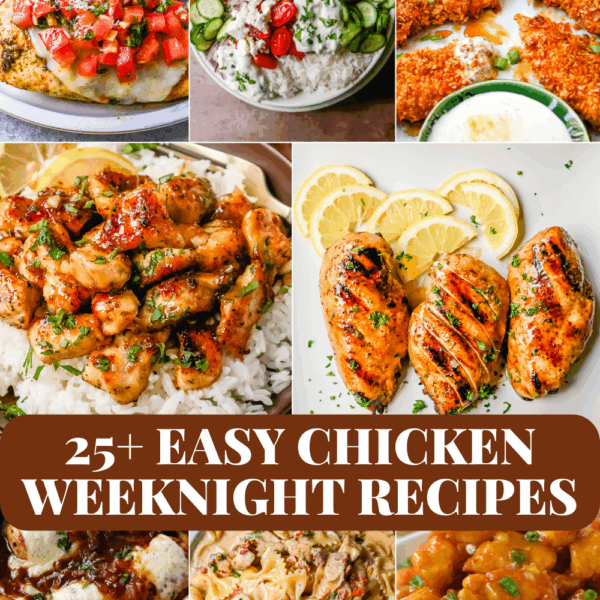 These are tried and true easy chicken recipes that make weeknight dinners simple and stress-free. You’ll find everything from easy chicken marinade recipes to takeout-style dishes like Chinese orange chicken, along with comforting classics like chicken enchiladas and more. Each recipe is quick, flavorful, and perfect for busy families.