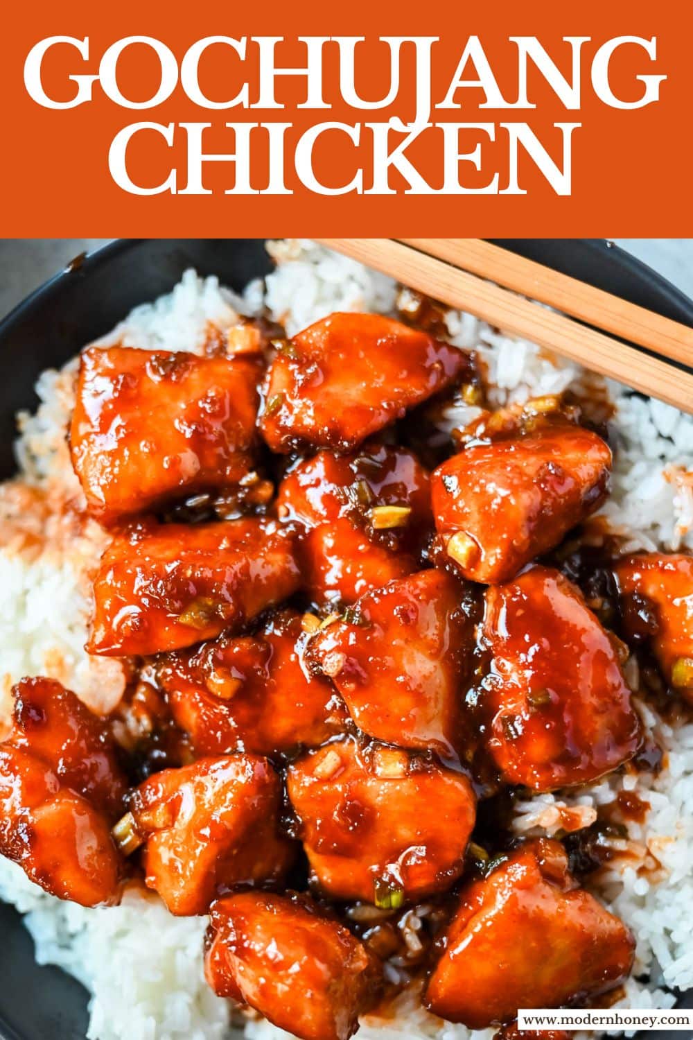 This sticky honey gochujang chicken is a quick and easy 30-minute dinner recipe with Korean-inspired flavor. Juicy chicken breast is coated in a sweet, spicy glaze made with honey, garlic, soy sauce, and gochujang paste for a perfect melt-in-your-mouth texture. Serve it over coconut rice or noodles for a simple easy dinner recipe!