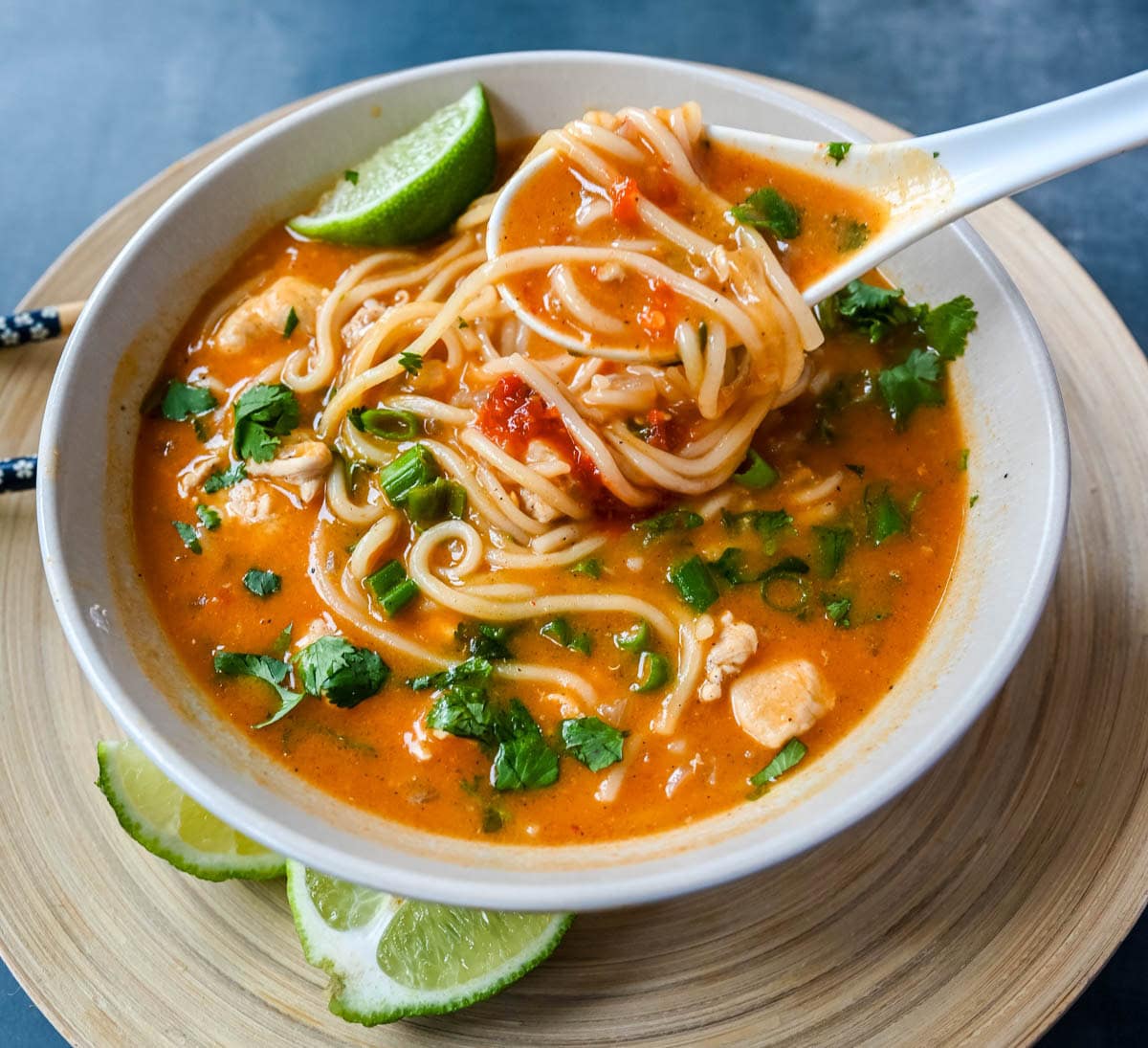 This Chicken Curry Noodle Soup is the ultimate comfort food with tender chicken and perfectly cooked noodles in a flavorful coconut milk broth. Made with red curry paste, garlic, and ginger, it has the perfect balance of warmth and spice. It’s ready in about 30 minutes and is the perfect one-pot dinner recipe.