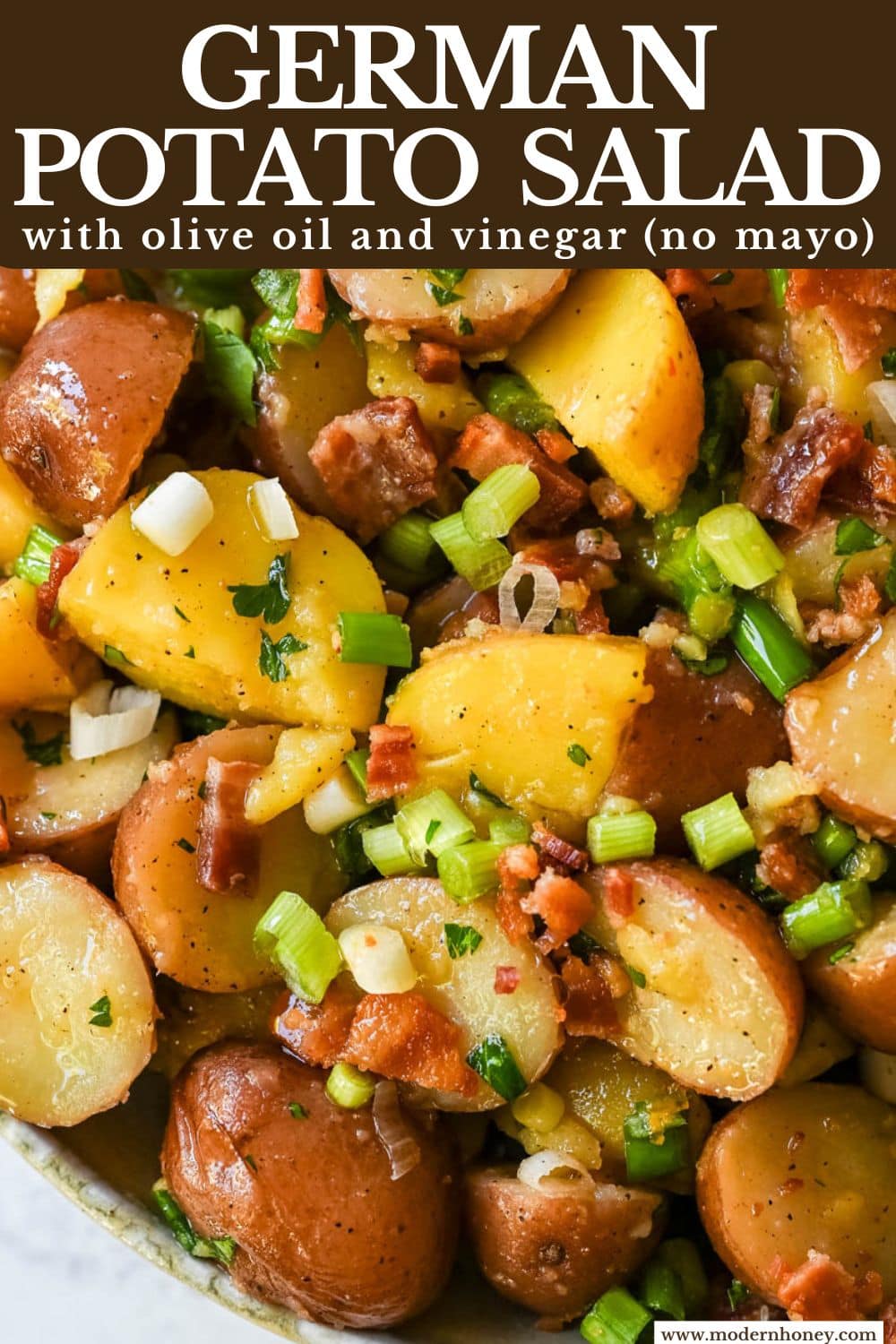 This no mayo potato salad is the perfect summer side dish -- light, tangy, and packed with fresh herbs. Made with a simple olive oil and vinegar dressing, this vinaigrette-based potato salad soaks into tender potatoes for incredible flavor without the heaviness of mayonnaise. Inspired by classic German potato salad, this version is fresh and healthy. If you’re looking for a potato salad without mayonnaise that’s full of flavor, this is the one for you!